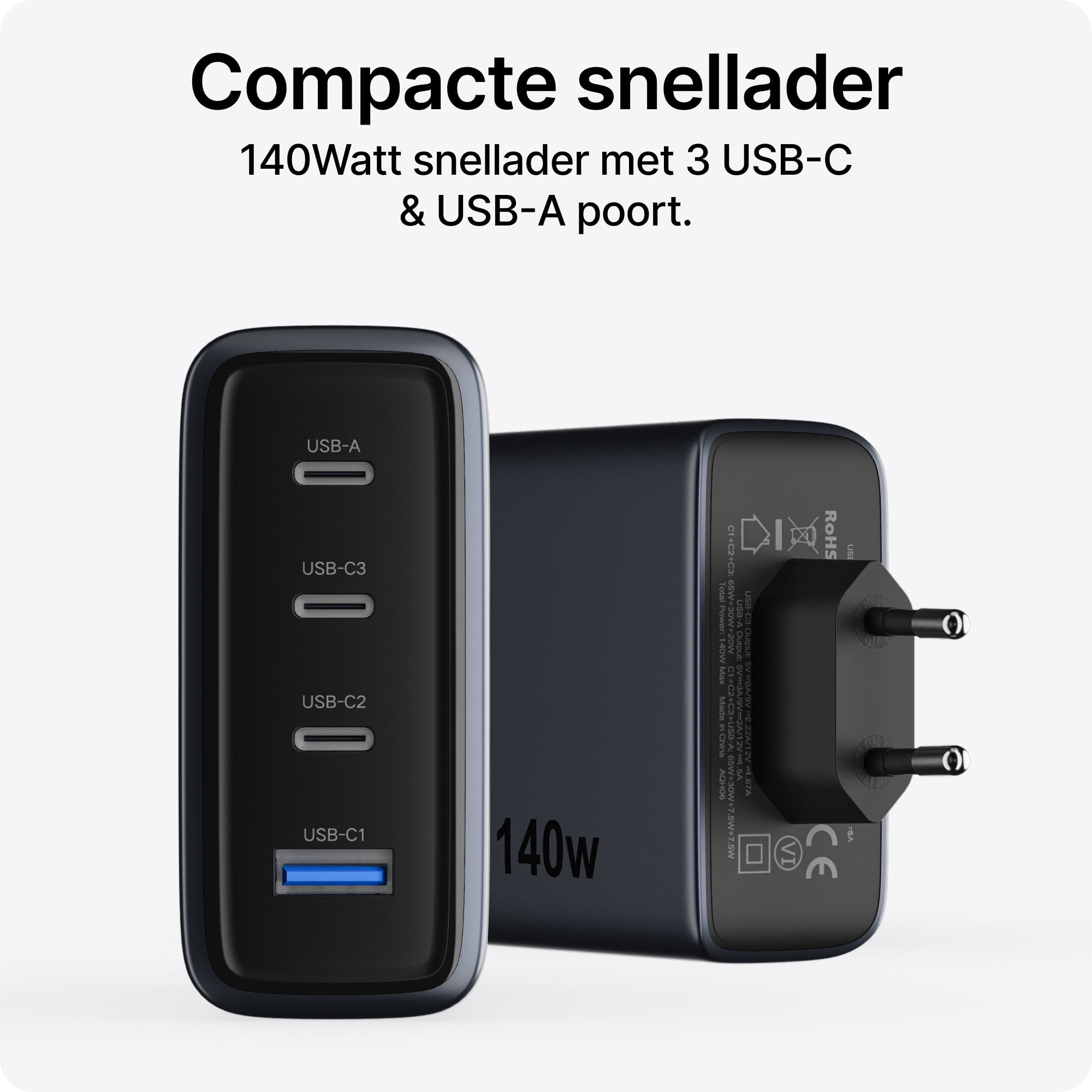 Voomy Charge M6140 - 140W GaN Snellader - 4-in-1 Laptop oplader met 3 USB-C & 1 USB-A - Space Blue