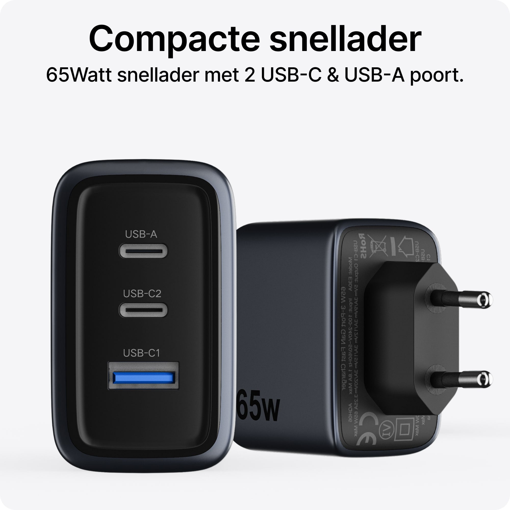 Voomy Charge M665 - 65W Snellader - 3-in-1 Oplader met 2 USB-C & 1 USB-A - Space Blue