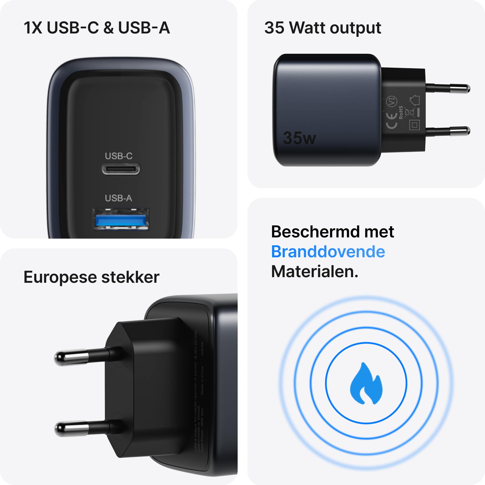 Voomy Charge M635 – 35W Snellader - 2-in-1 Oplader met 1 USB-C & 1 USB-A - Space Blue