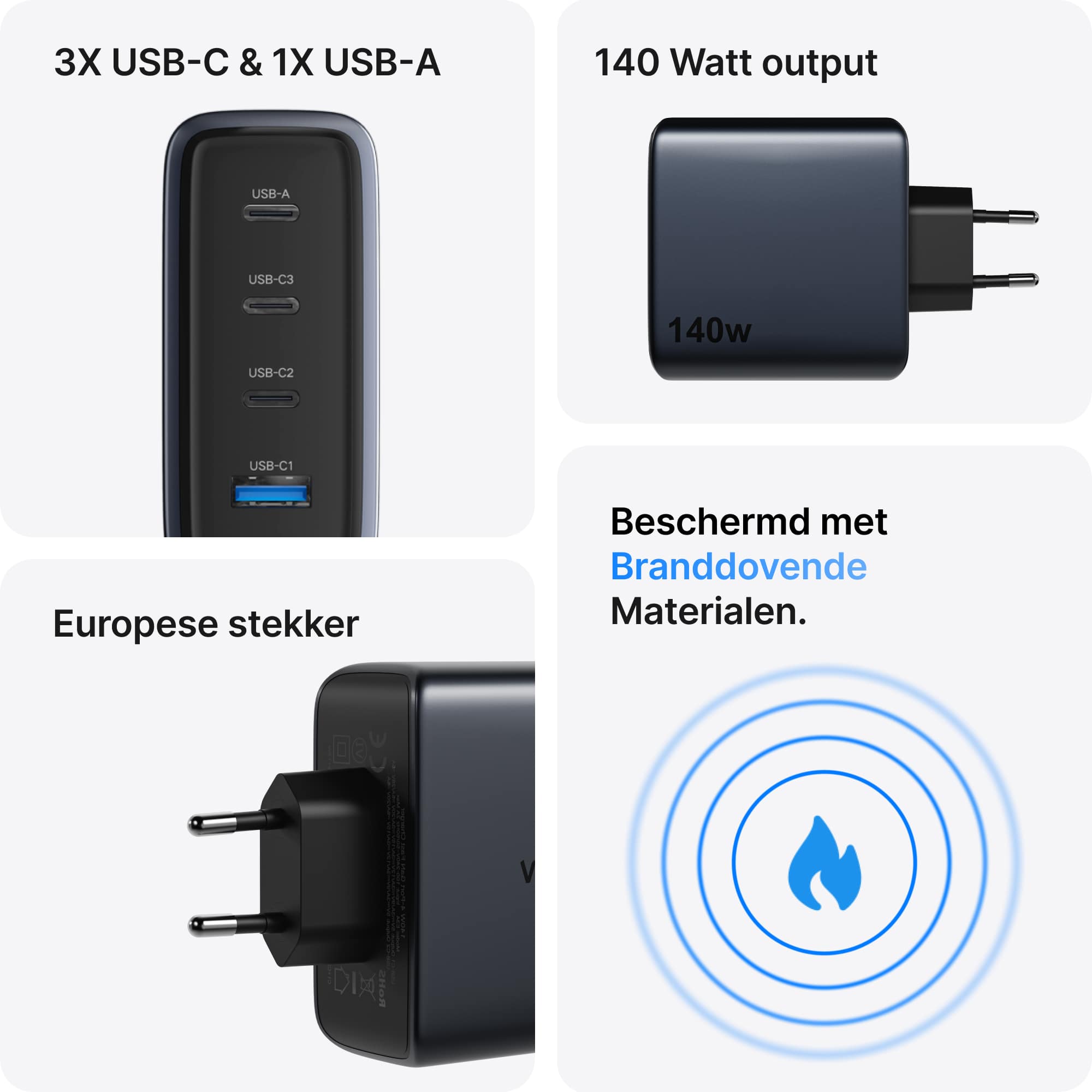 Voomy Charge M6140 - 140W GaN Snellader - 4-in-1 Laptop oplader met 3 USB-C & 1 USB-A - Space Blue