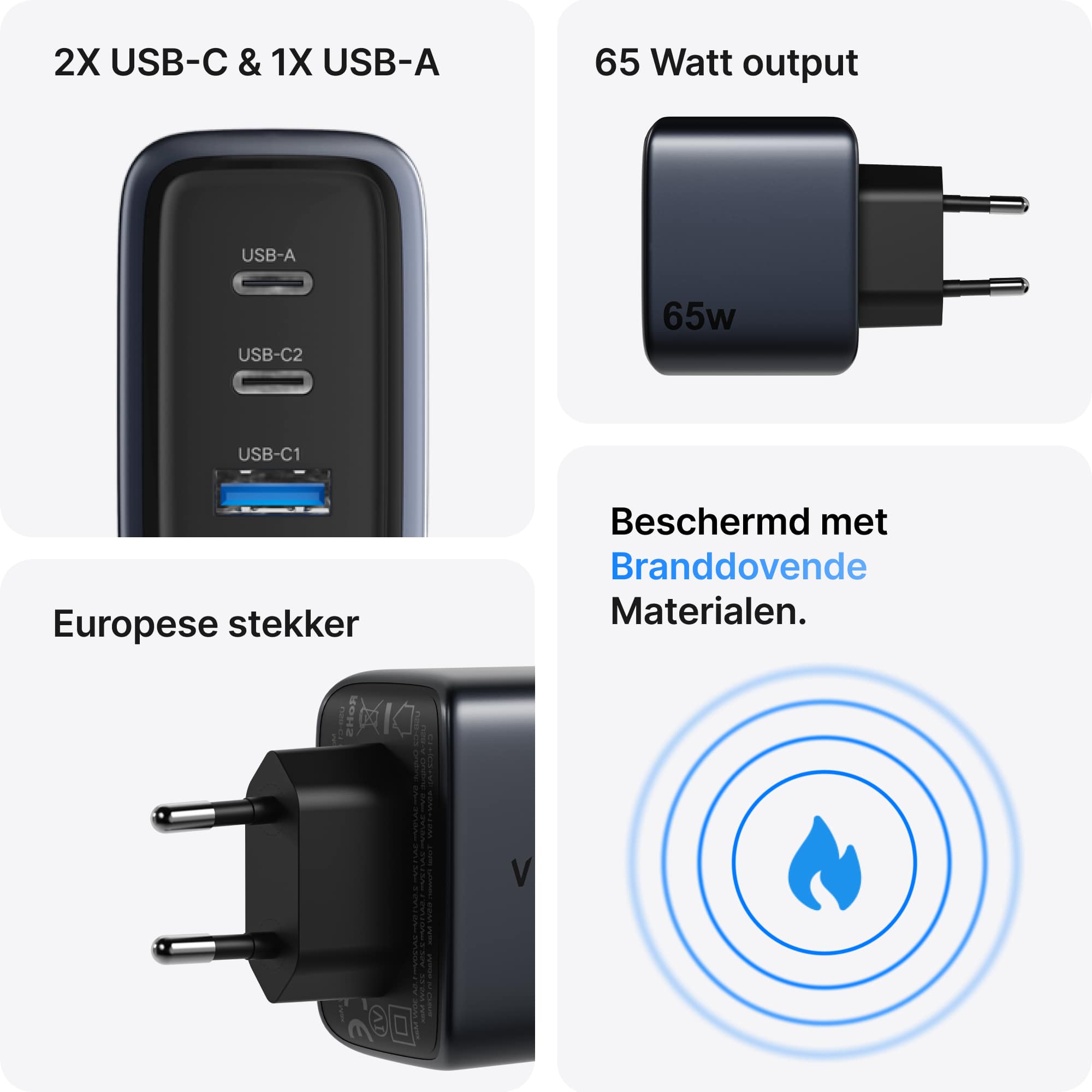 Voomy Charge M665 - 65W Snellader - 3-in-1 Oplader met 2 USB-C & 1 USB-A - Space Blue