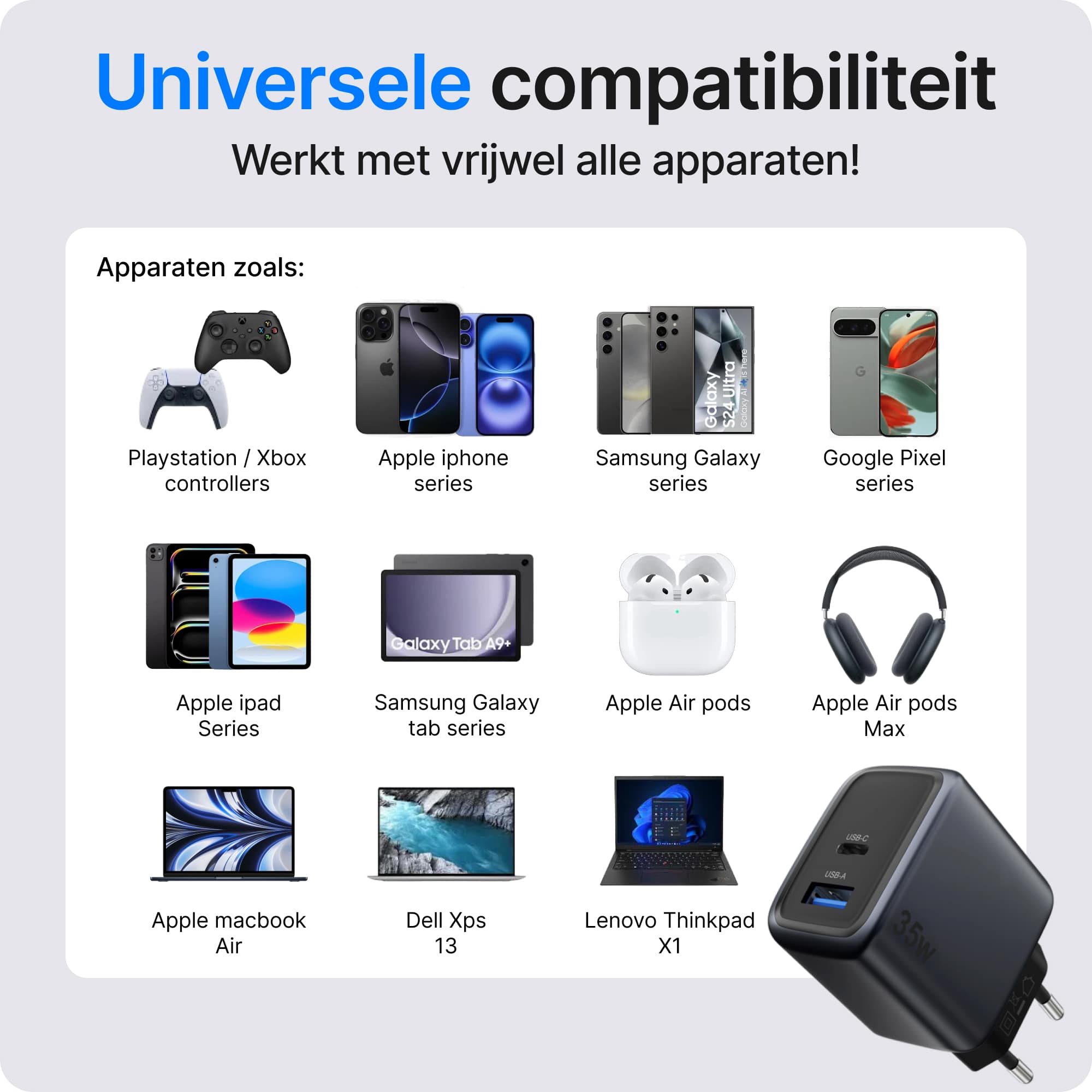 Voomy Charge M635 – 35W Snellader - 2-in-1 Oplader met 1 USB-C & 1 USB-A - Space Blue