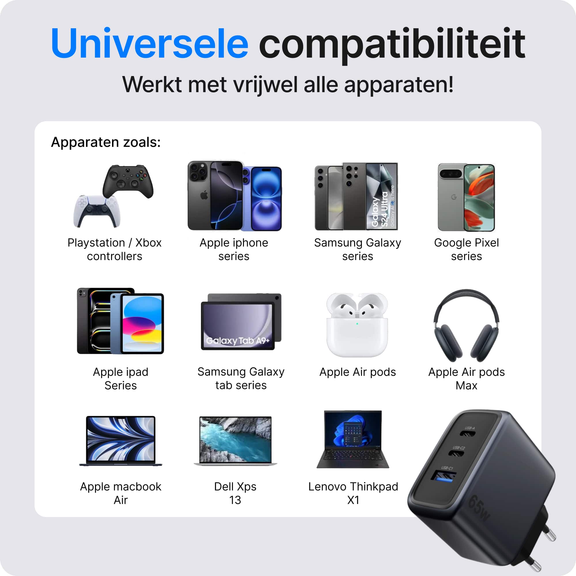 Voomy Charge M665 - 65W Snellader - 3-in-1 Oplader met 2 USB-C & 1 USB-A - Space Blue