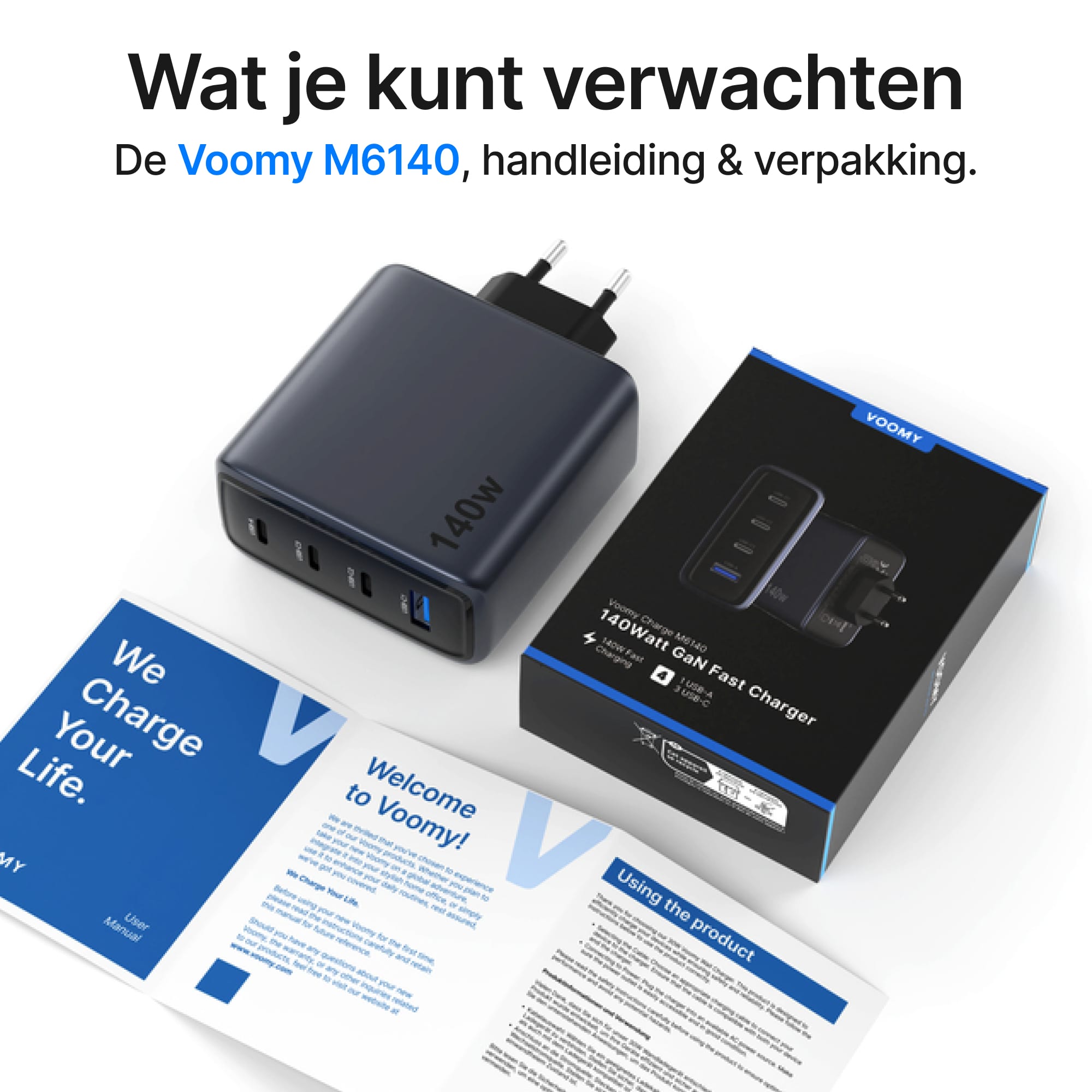 Voomy Charge M6140 - 140W GaN Snellader - 4-in-1 Laptop oplader met 3 USB-C & 1 USB-A - Space Blue