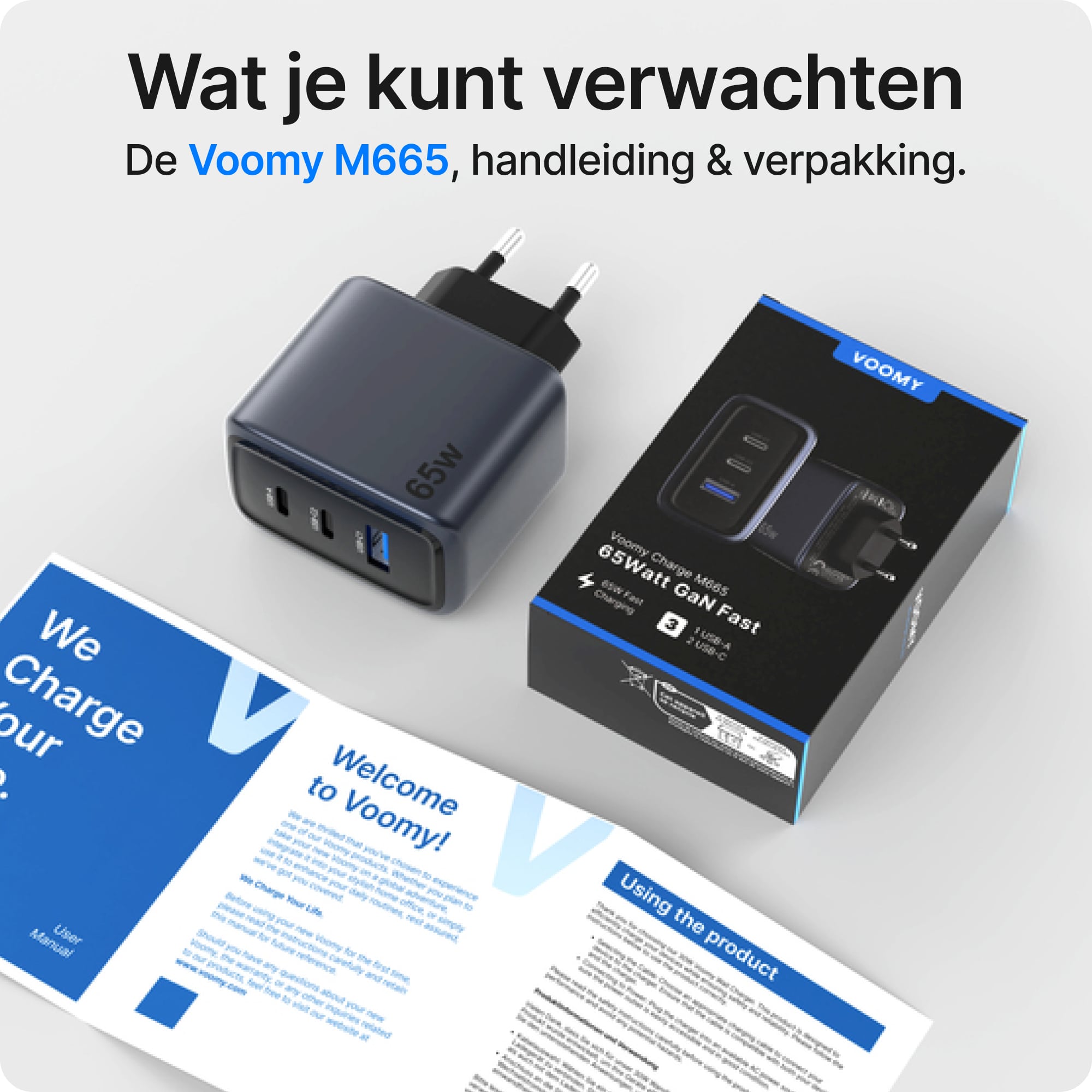 Voomy Charge M665 - 65W Snellader - 3-in-1 Oplader met 2 USB-C & 1 USB-A - Space Blue