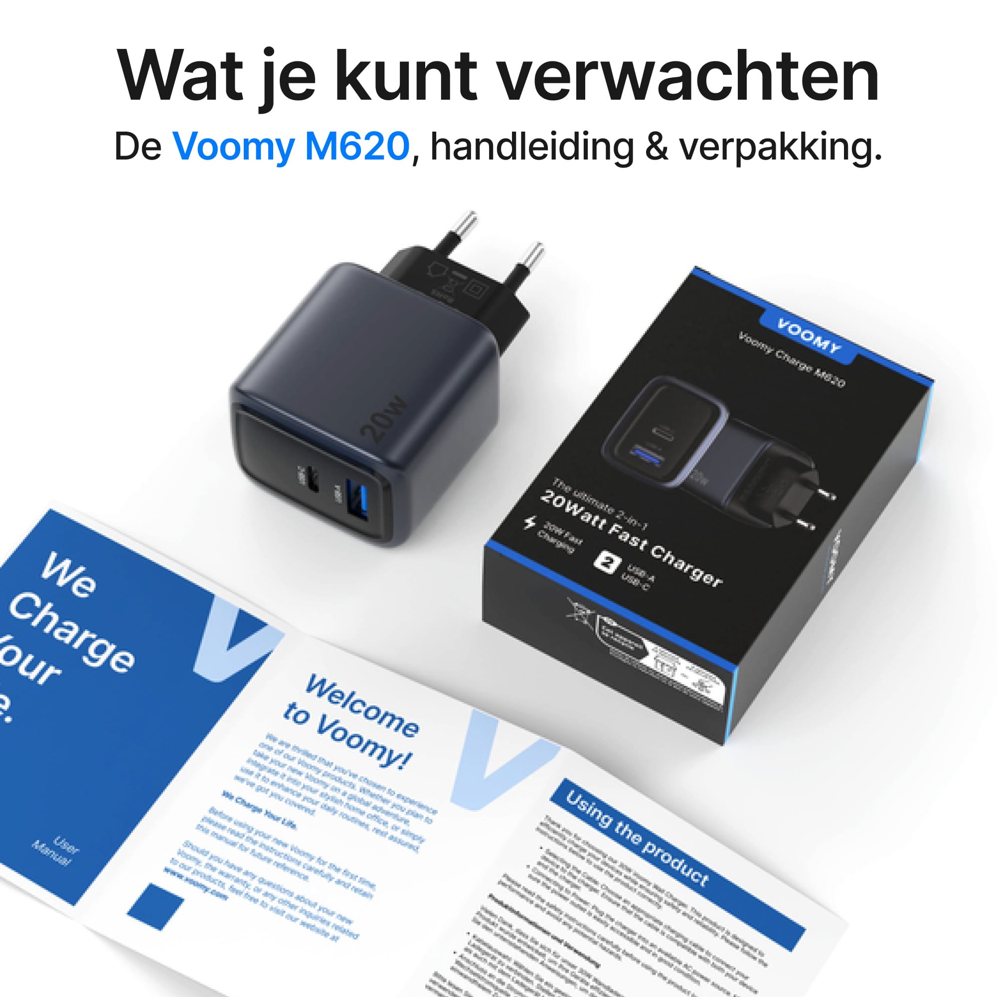 Voomy Charge M620 - 20W Snellader - 2-in-1 oplader met USB-C & USB-A - Space Blue