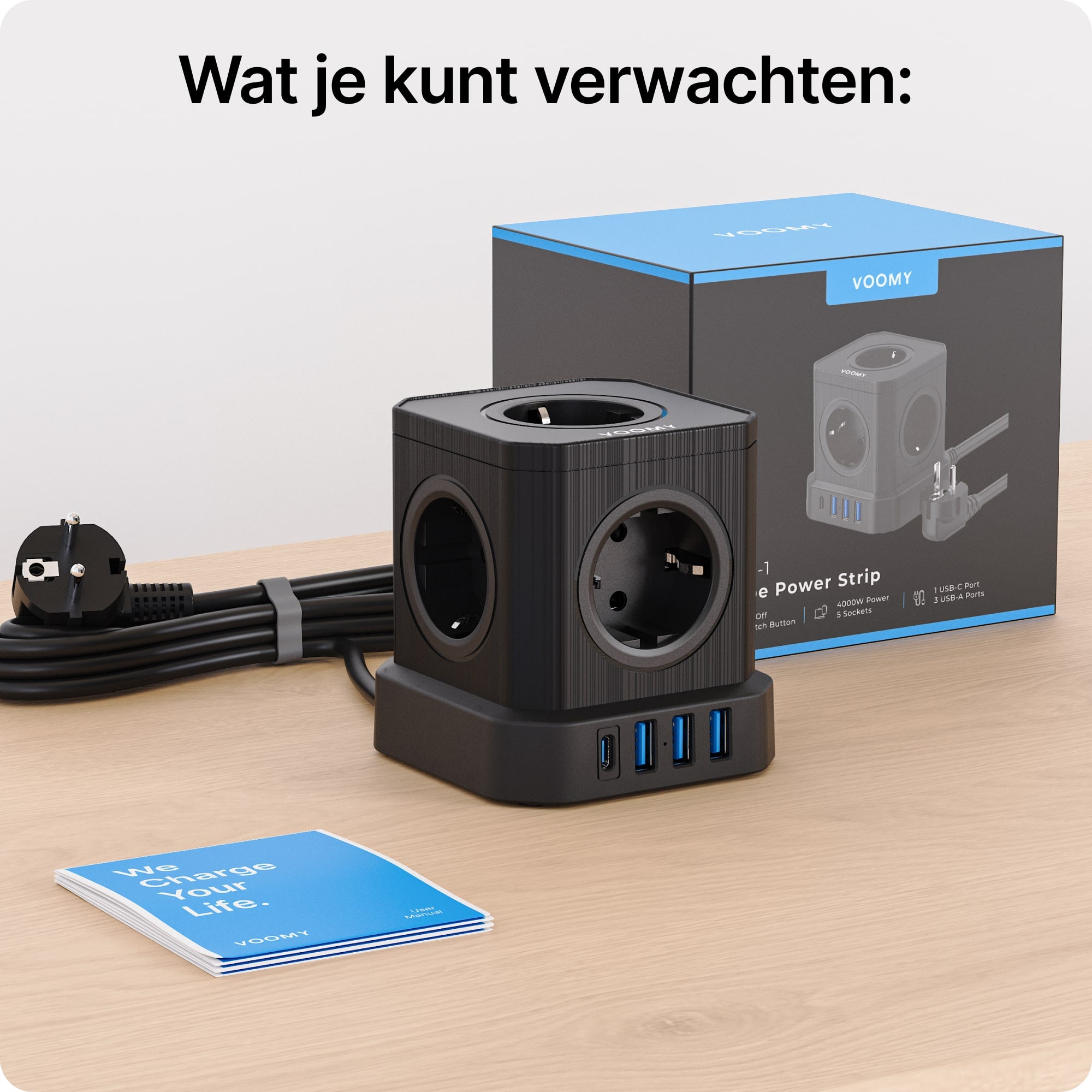 Voomy Power Cube S6 - Stekkerdoos 1 USB-C & 3 USB-A 4000W Zwart