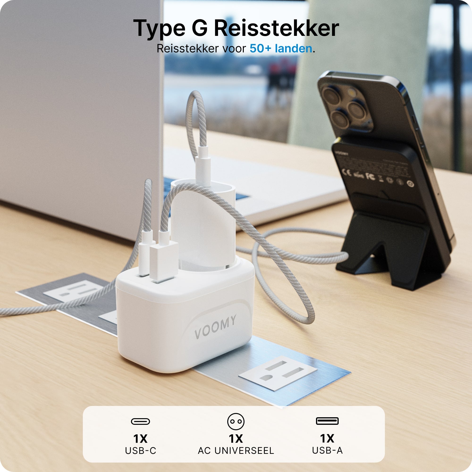 Voomy Travel Y4 - Reisstekker Engeland/UK - Wereldstekker Type G - USB-C & USB-A - Wit