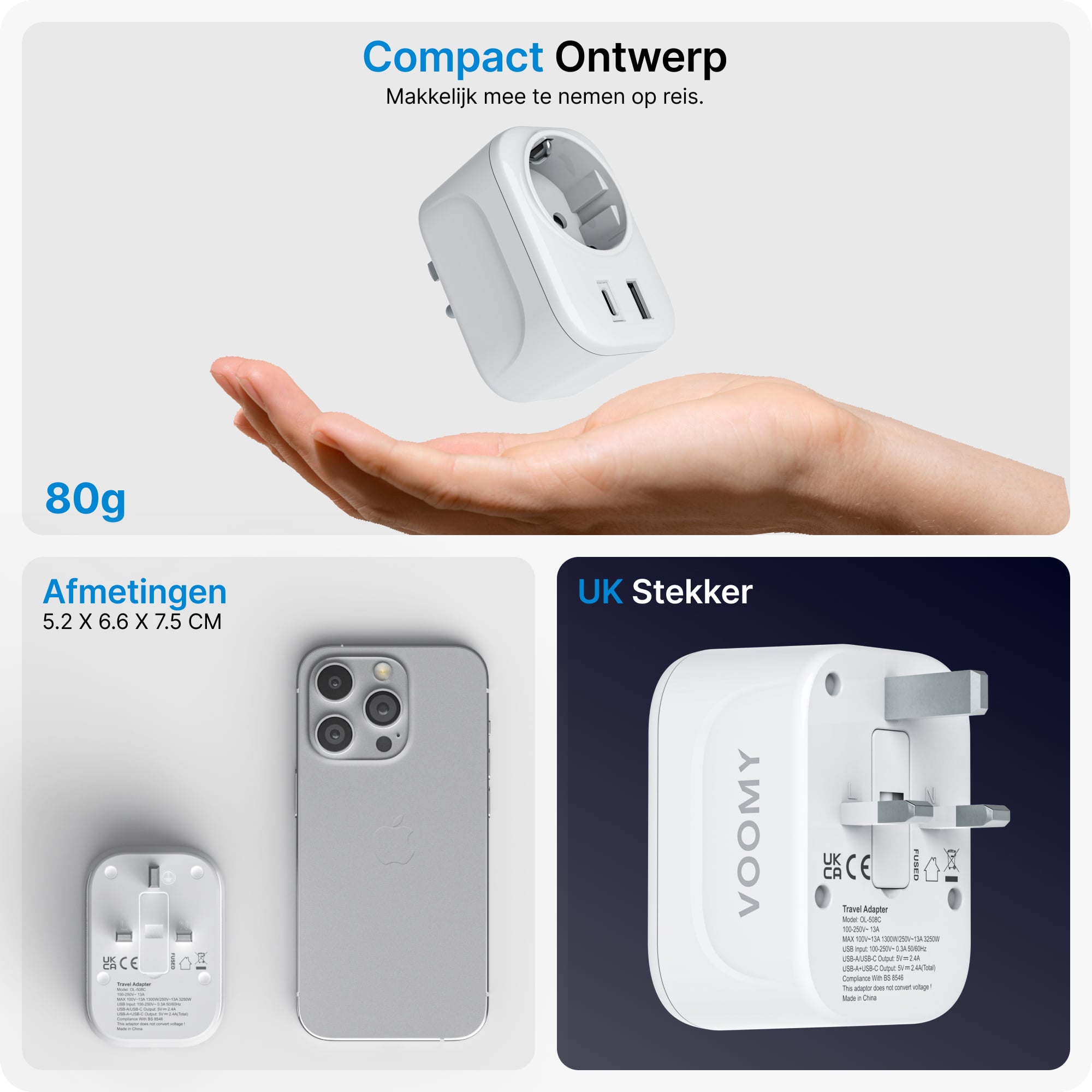 Voomy Travel Y4 - Reisstekker Engeland/UK - Wereldstekker Type G - USB-C & USB-A - Wit