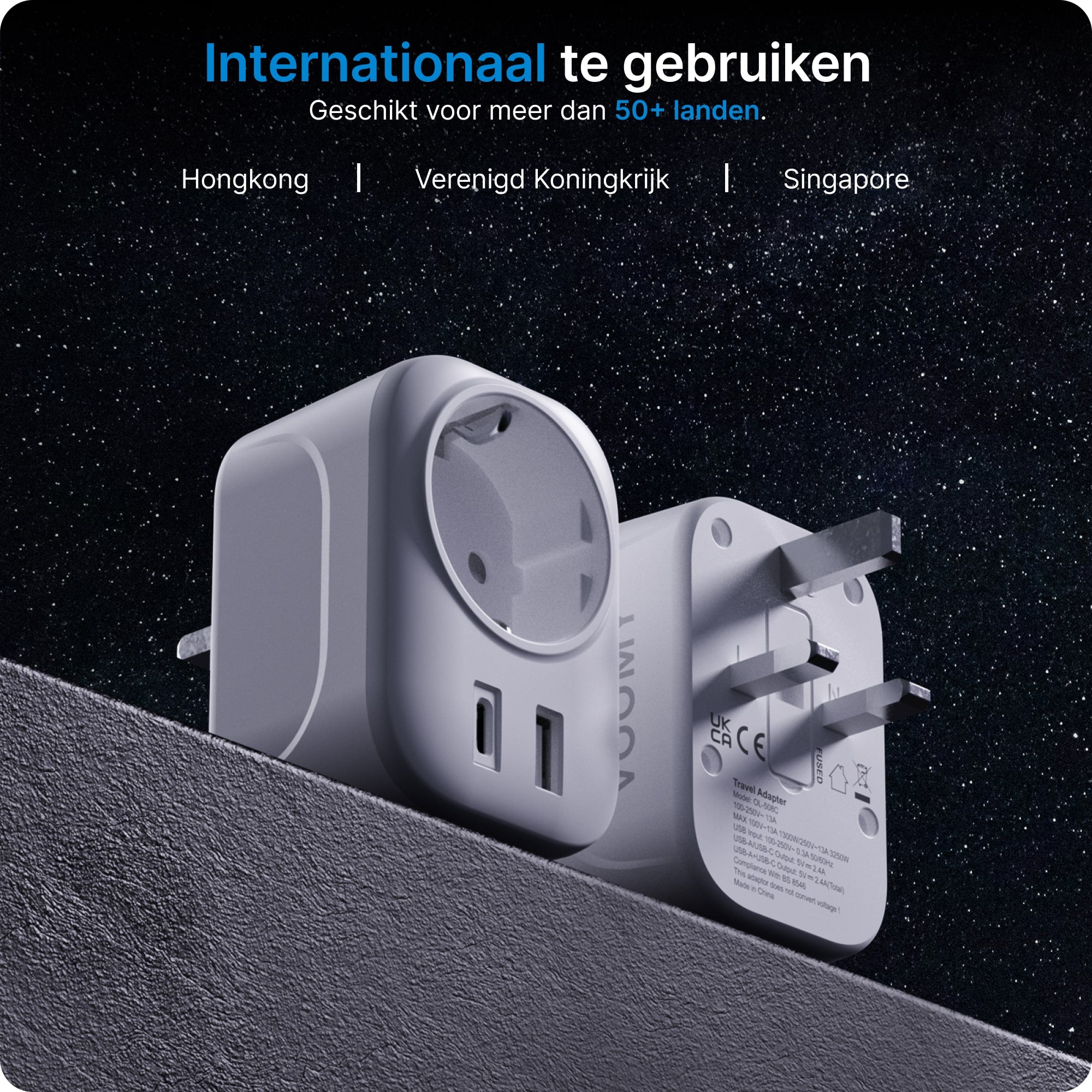Voomy Travel Y4 - Reisstekker Engeland/UK - Wereldstekker Type G - USB-C & USB-A - Wit