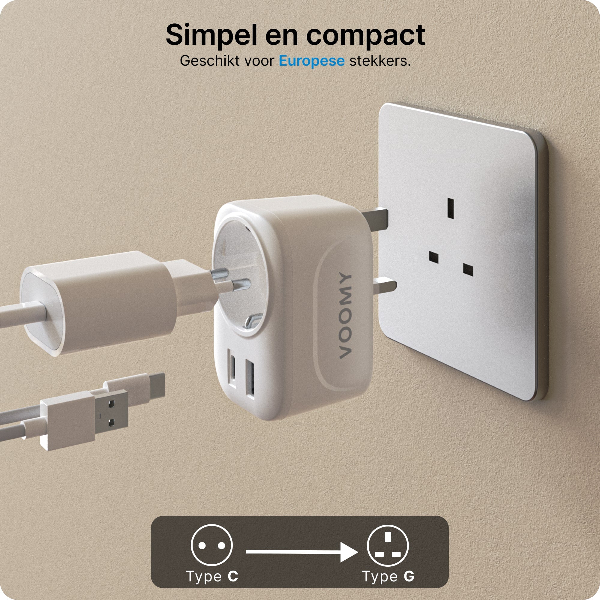 Voomy Travel Y4 - Reisstekker Engeland/UK - Wereldstekker Type G - USB-C & USB-A - Wit