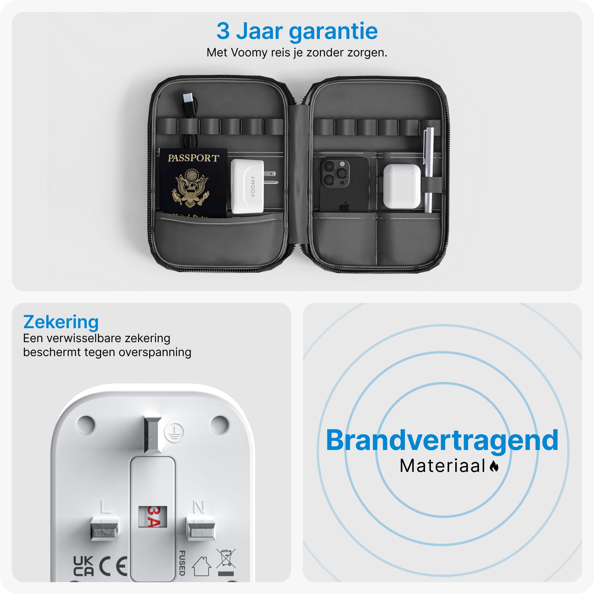 Voomy Travel Y4 - Reisstekker Engeland/UK - Wereldstekker Type G - USB-C & USB-A - Wit