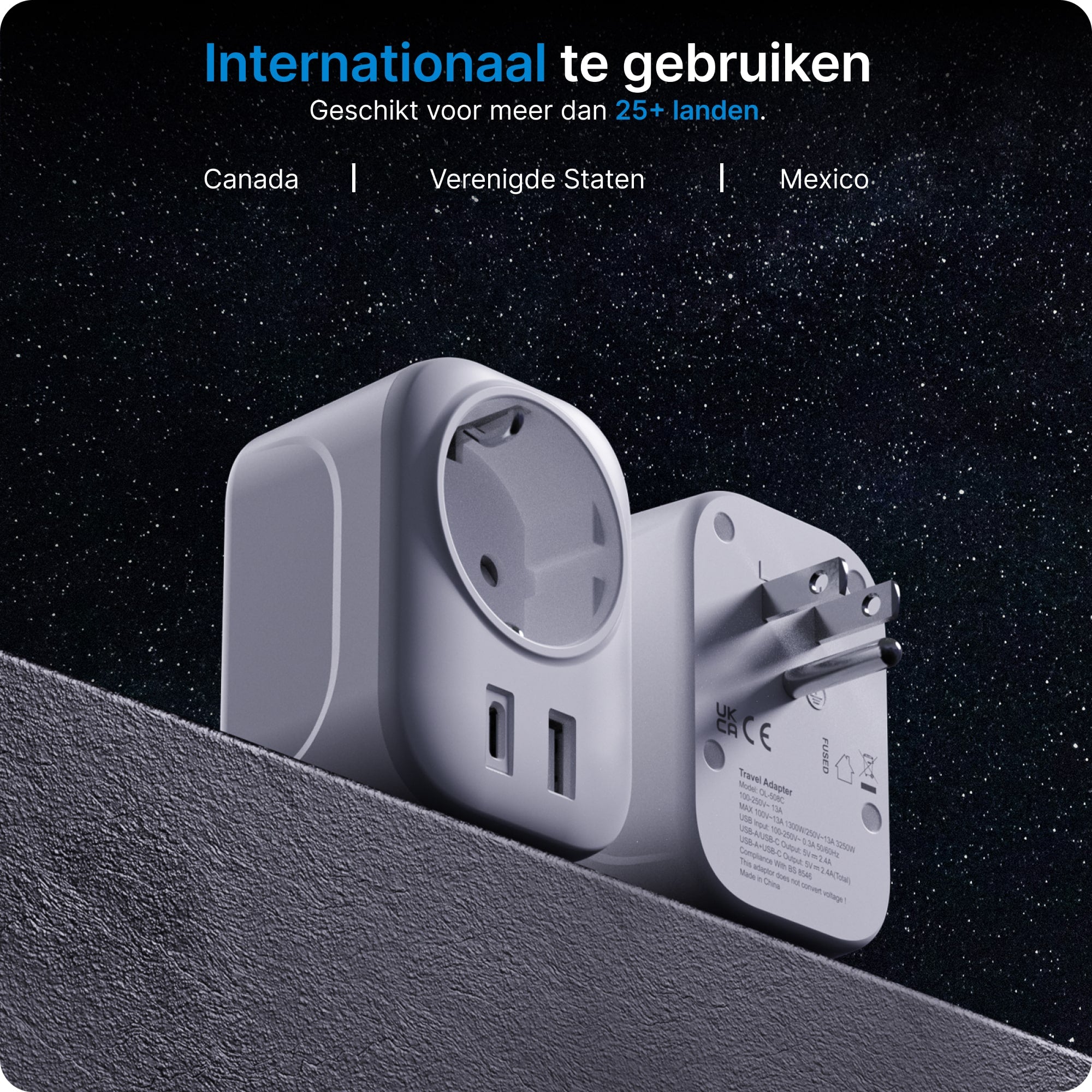 Voomy Travel Y3 - Reisstekker Amerika/USA - Wereldstekker Type B - USB-C & USB-A - Wit
