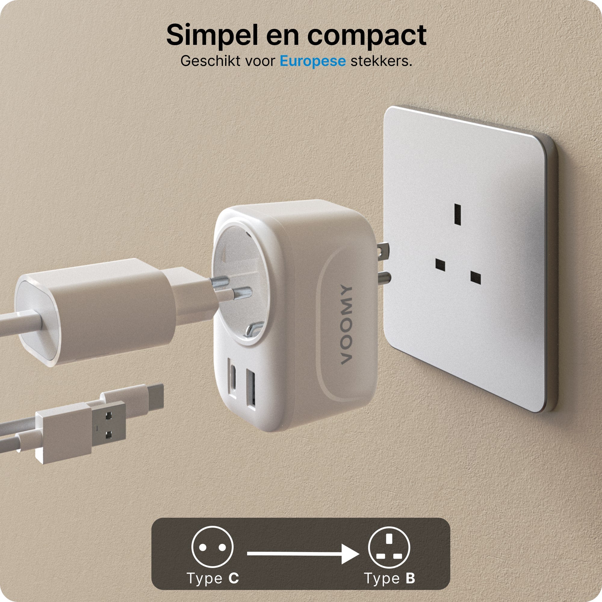 Voomy Travel Y3 - Reisstekker Amerika/USA - Wereldstekker Type B - USB-C & USB-A - Wit