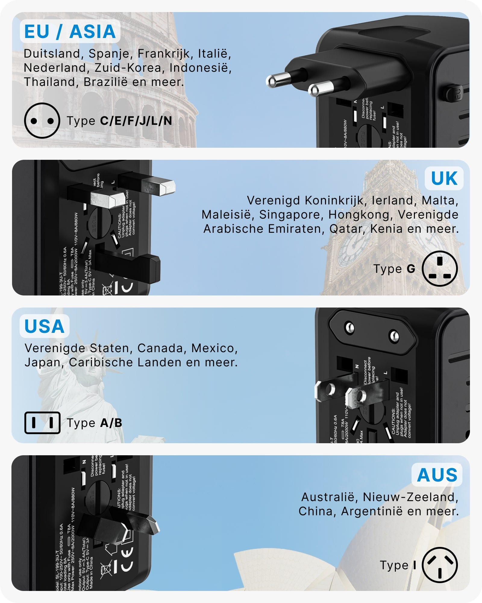 Voomy Travel Y20 - Reisstekker Wereld - 170+ Landen - 4 USB Poorten - Wereldstekker Universeel - Zwart