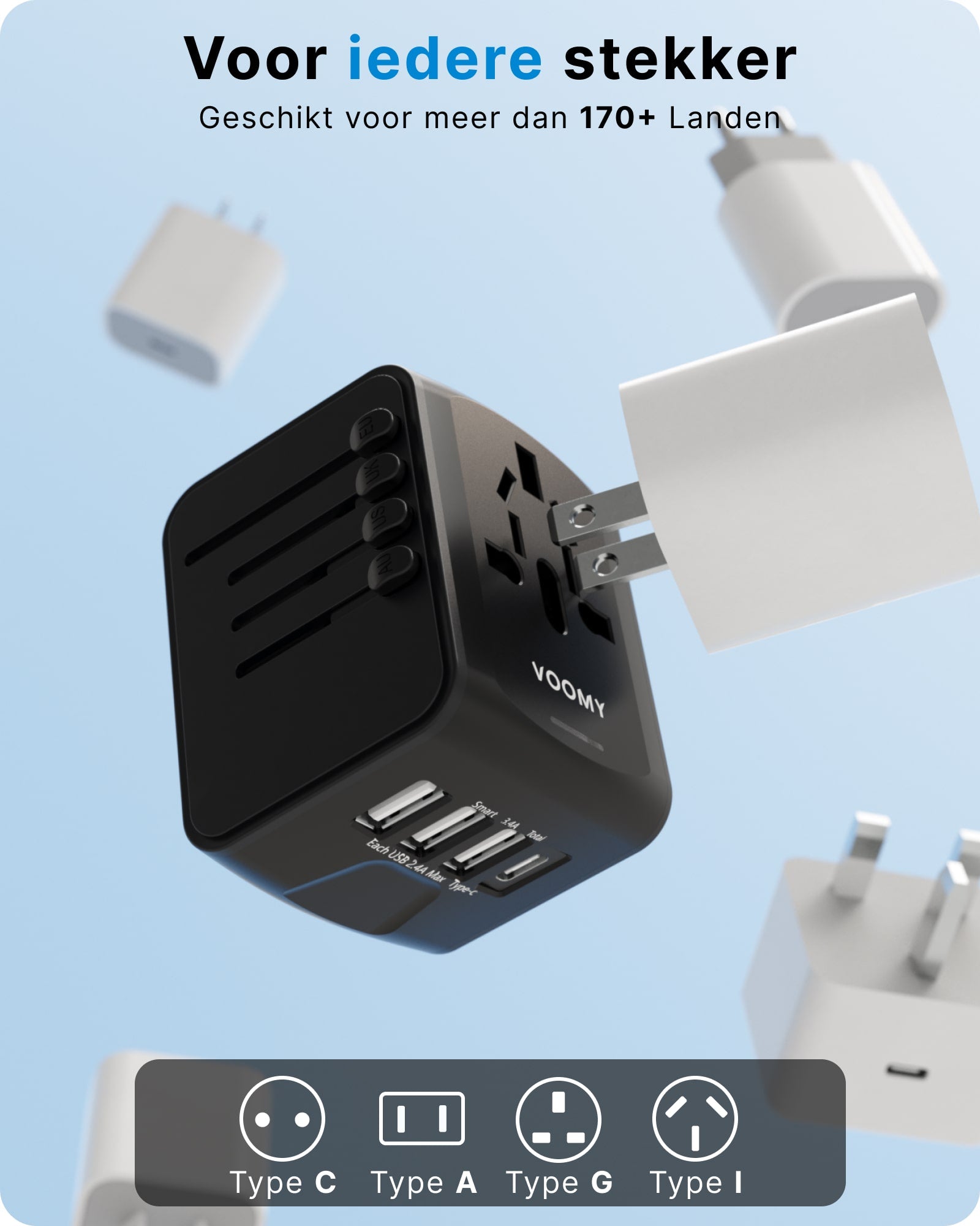 Voomy Travel Y20 - Reisstekker Wereld - 170+ Landen - 4 USB Poorten - Wereldstekker Universeel - Zwart