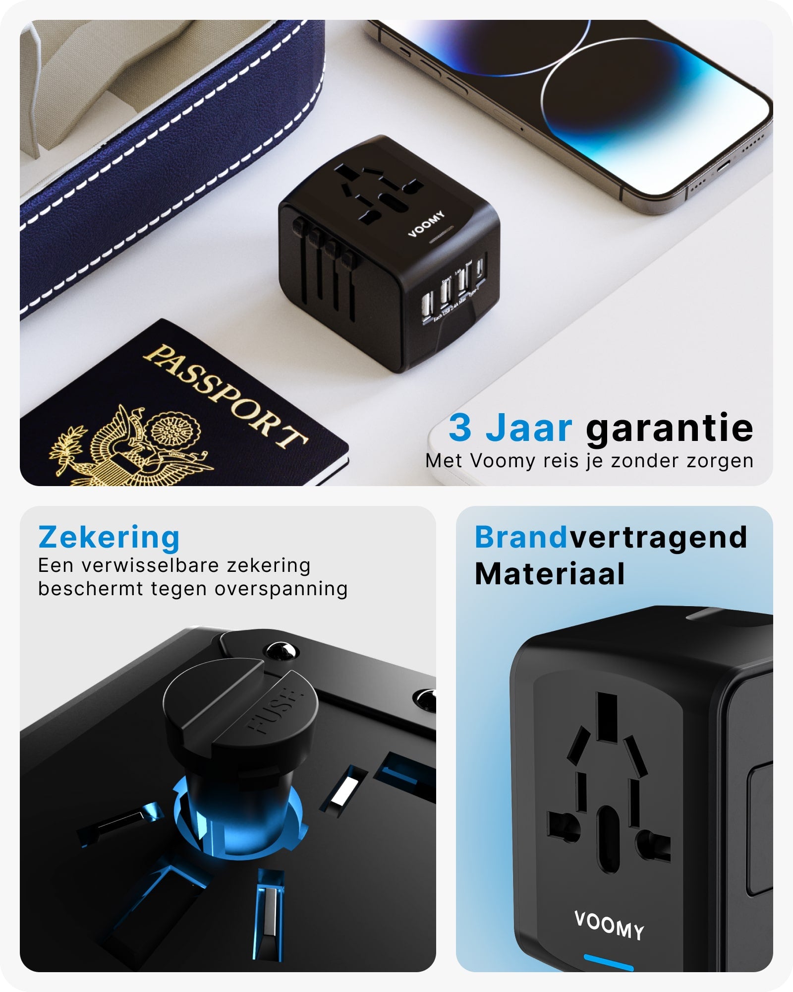 Voomy Travel Y20 - Reisstekker Wereld - 170+ Landen - 4 USB Poorten - Wereldstekker Universeel - Zwart