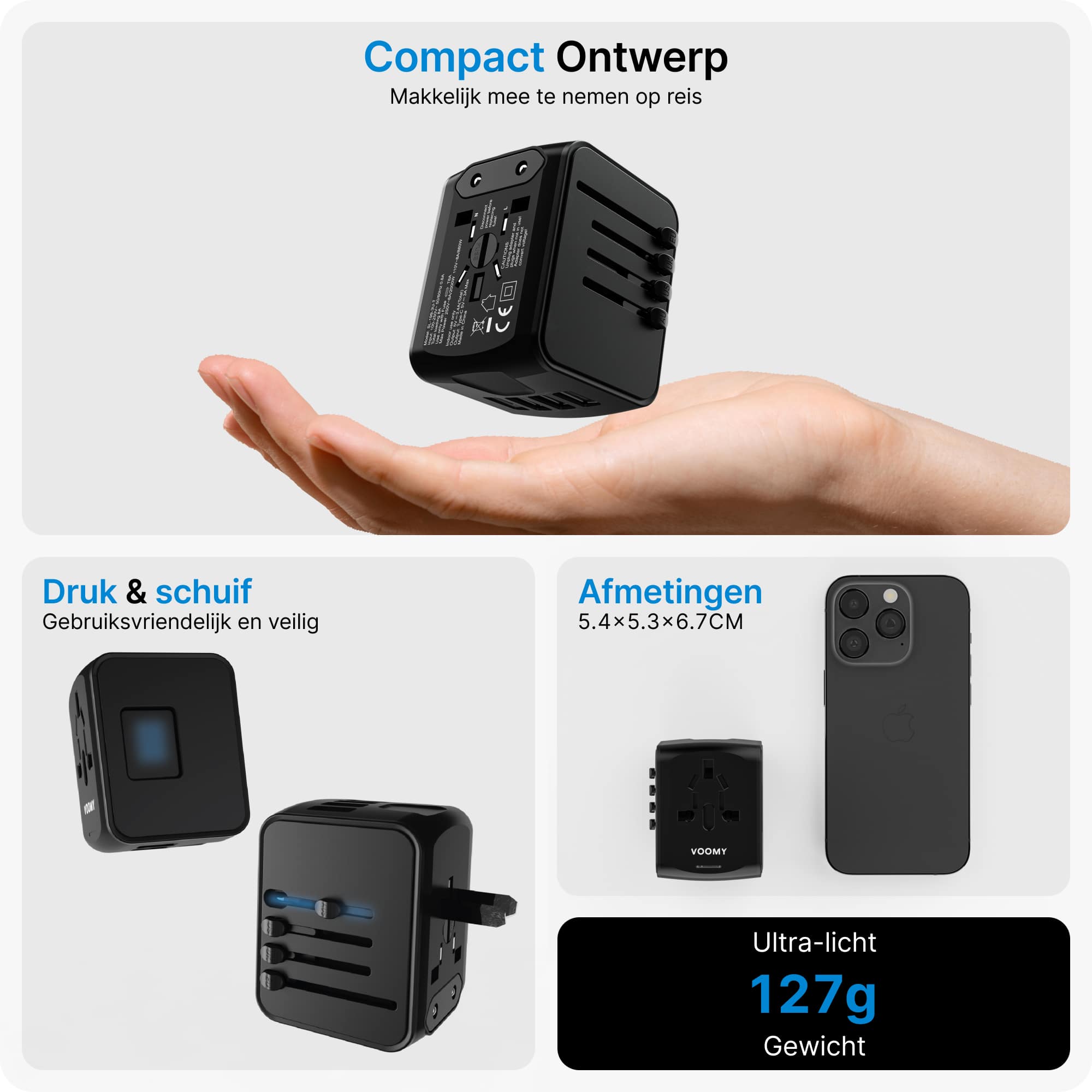 Voomy Travel Y20 - Reisstekker Wereld - 170+ Landen - 4 USB Poorten - Wereldstekker Universeel - Zwart
