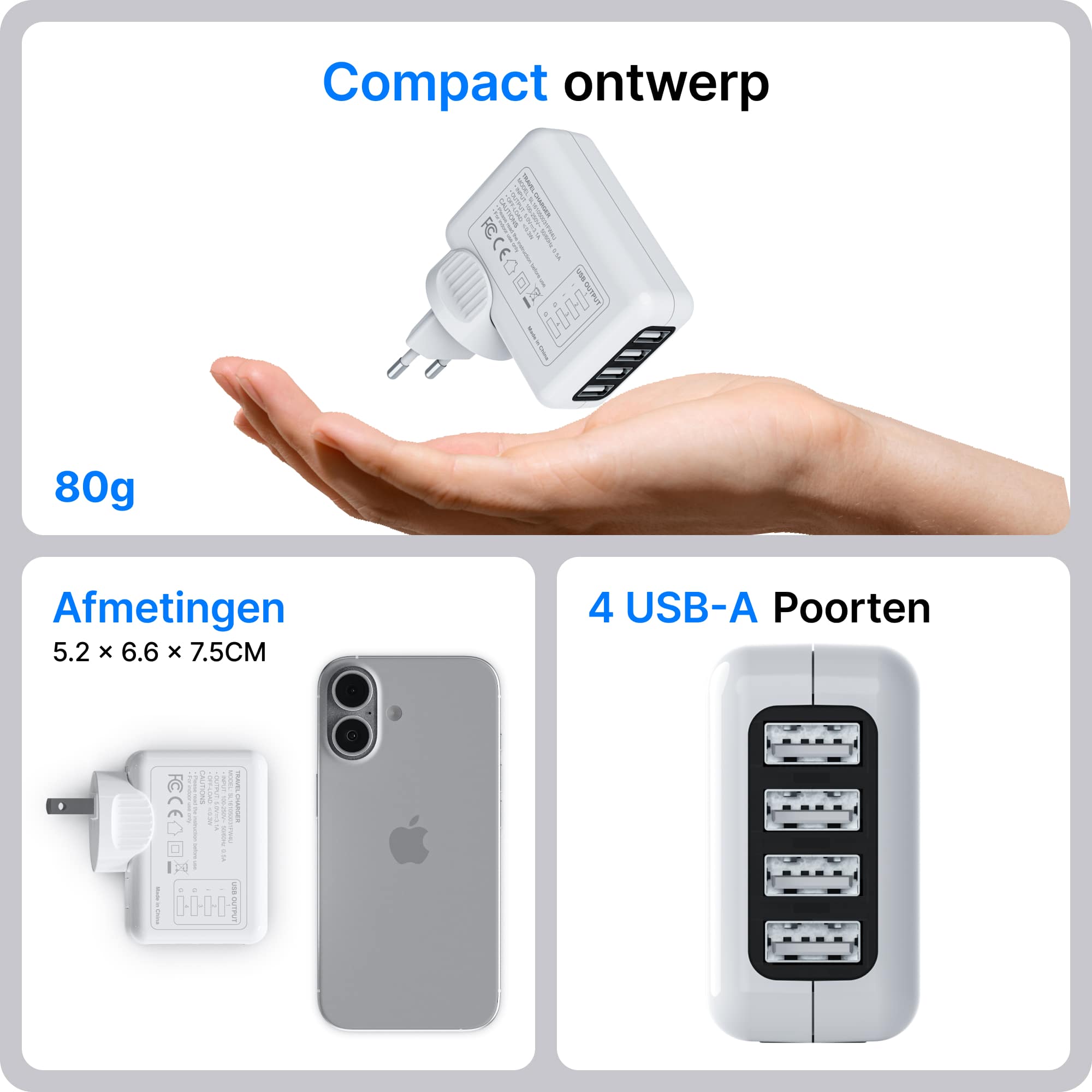 Voomy Travel Y40 Reisstekker Wereld - 4 USB Poorten - Wereldstekker Universeel - Wit