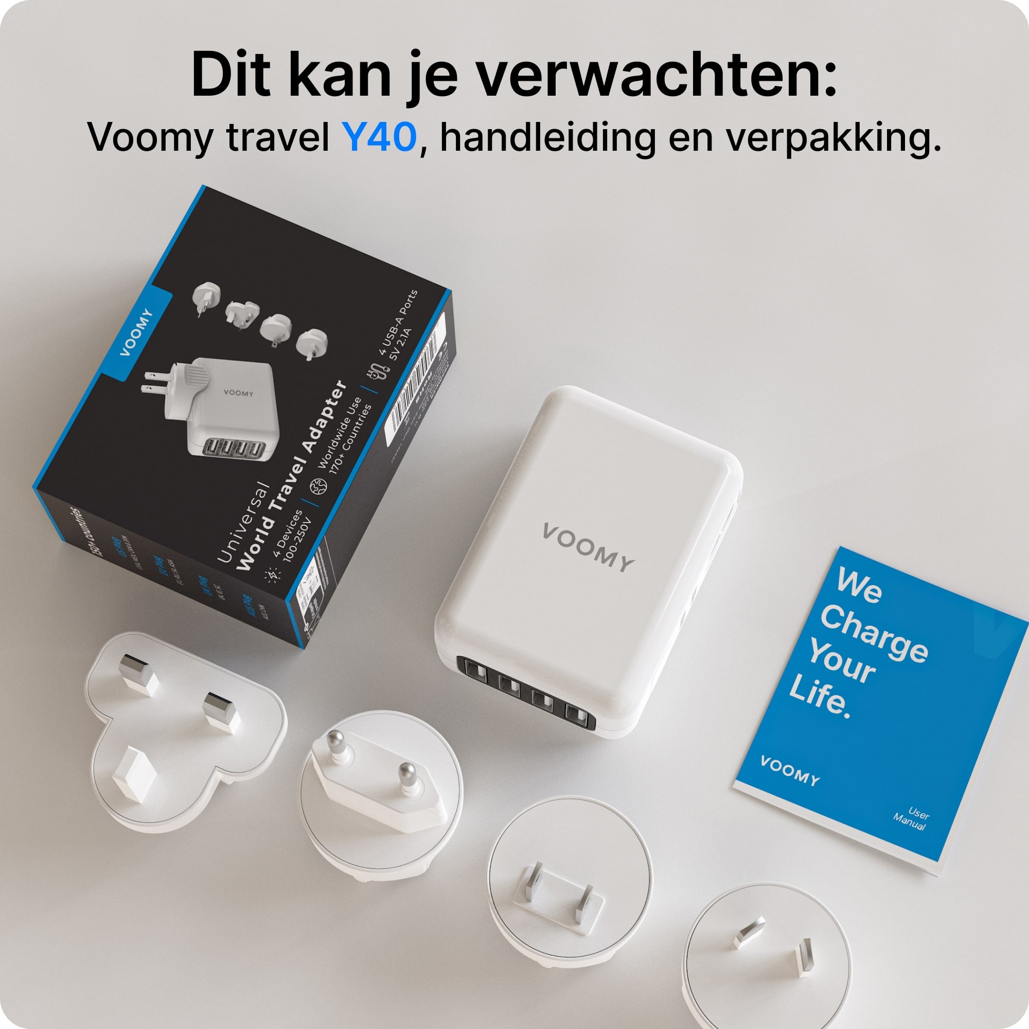 Voomy Travel Y40 Reisstekker Wereld - 4 USB Poorten - Wereldstekker Universeel - Wit