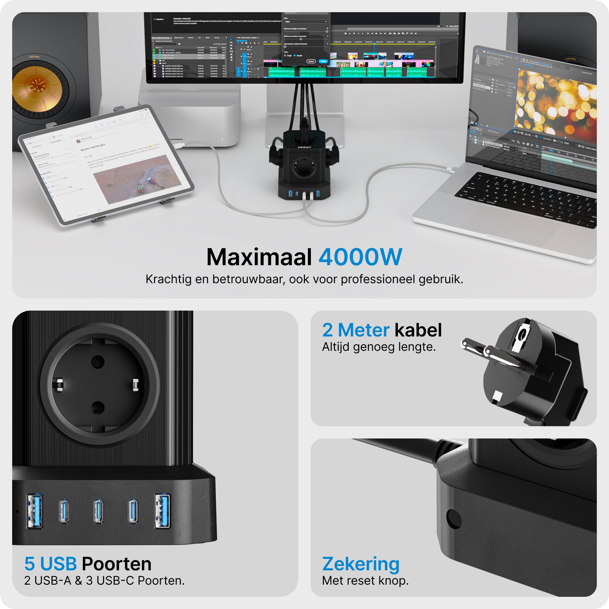 Voomy Power S65 - 65W Stekkerdoos 3 USB-C & 2 USB-A 4000W Zwart