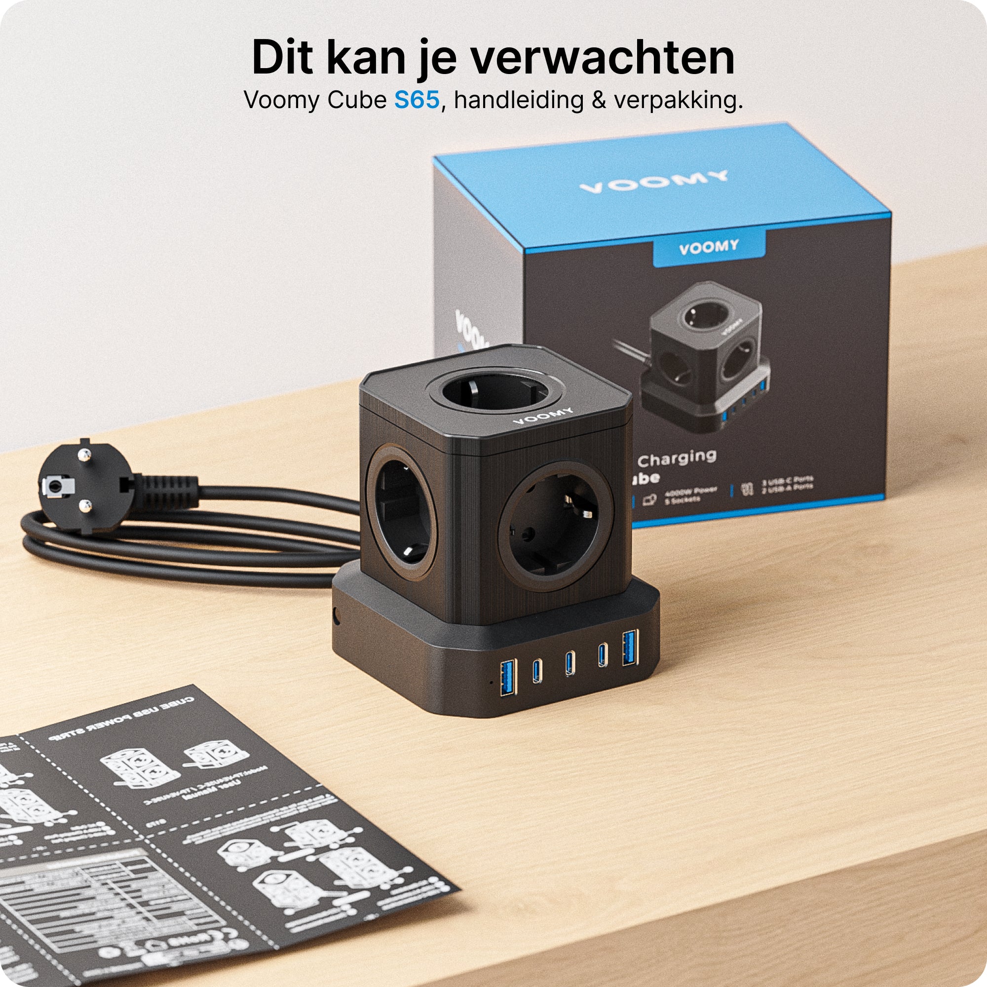 Voomy Power S65 - 65W Stekkerdoos 3 USB-C & 2 USB-A 4000W Zwart