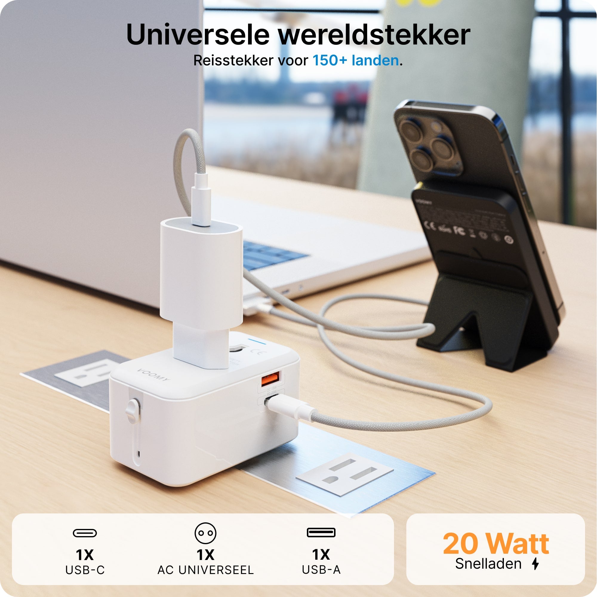 Voomy Travel Y11 - Reisstekker Wereld - 150+ Landen - 20W snellader - 1 USB-A 1 USB-C poort - Wereldstekker - Wit