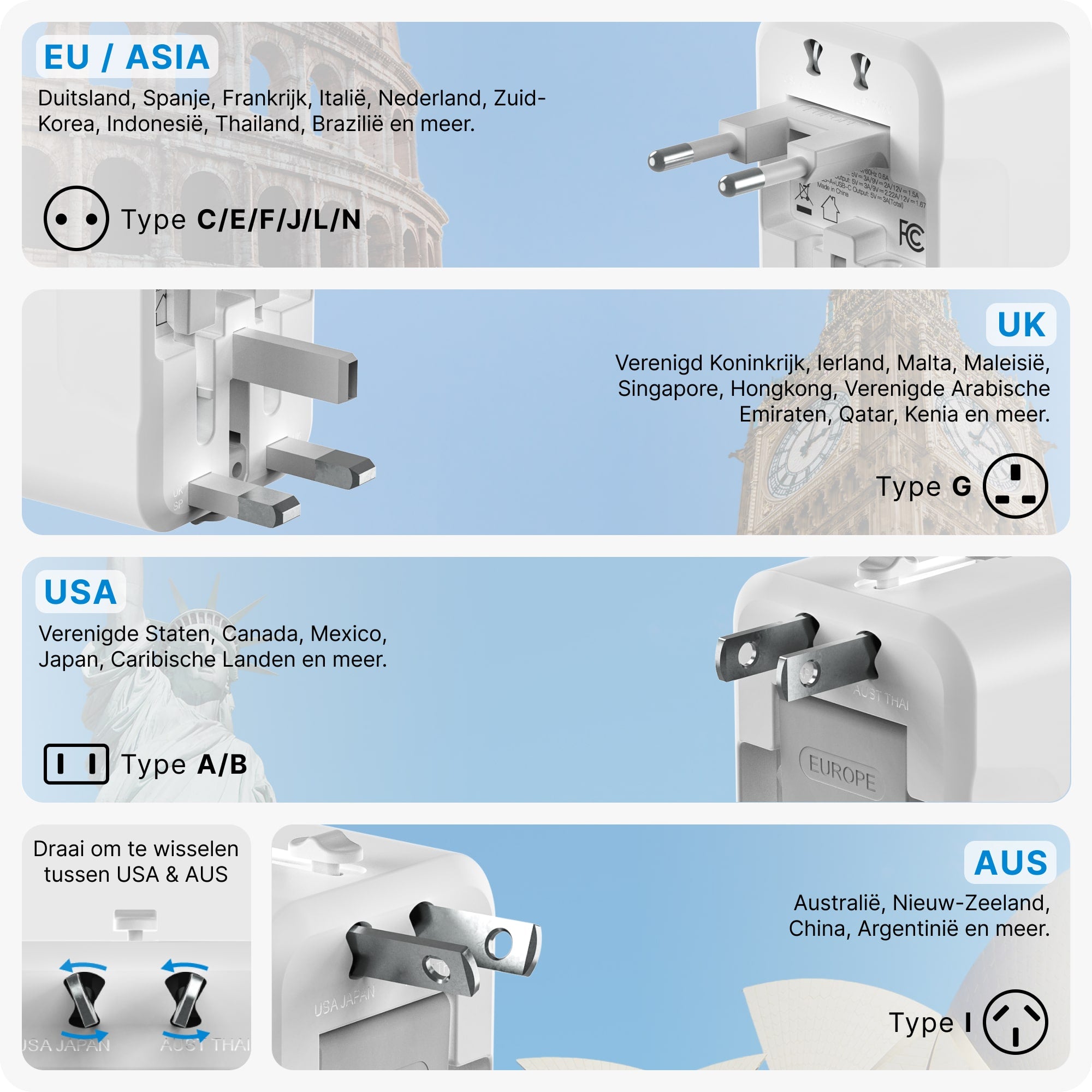 Voomy Travel Y11 - Reisstekker Wereld - 150+ Landen - 20W snellader - 1 USB-A 1 USB-C poort - Wereldstekker - Wit