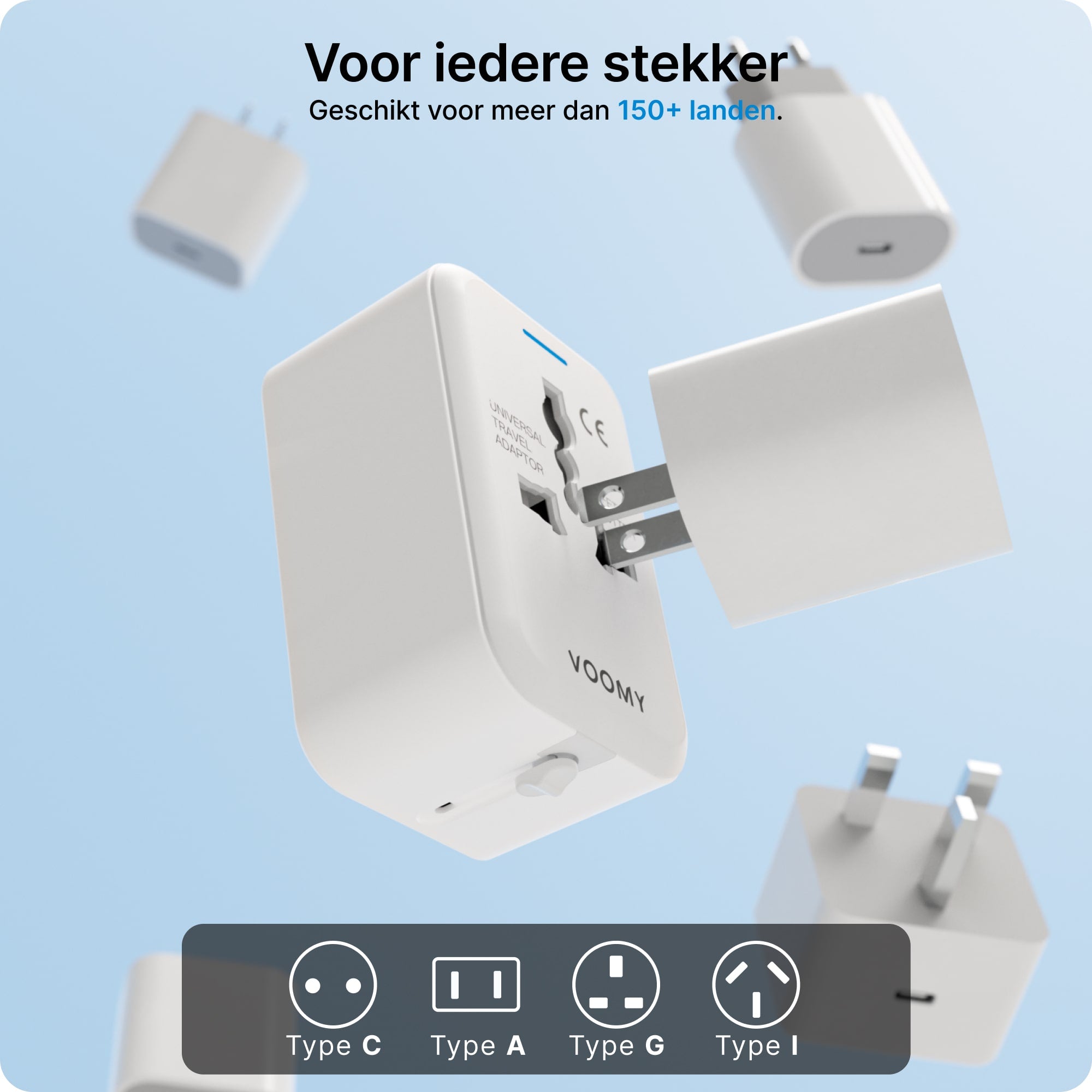 Voomy Travel Y11 - Reisstekker Wereld - 150+ Landen - 20W snellader - 1 USB-A 1 USB-C poort - Wereldstekker - Wit