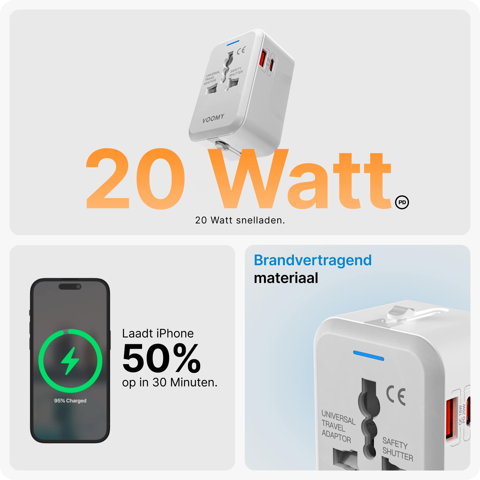 Voomy Travel Y11 - Reisstekker Wereld - 150+ Landen - 20W snellader - 1 USB-A 1 USB-C poort - Wereldstekker - Wit