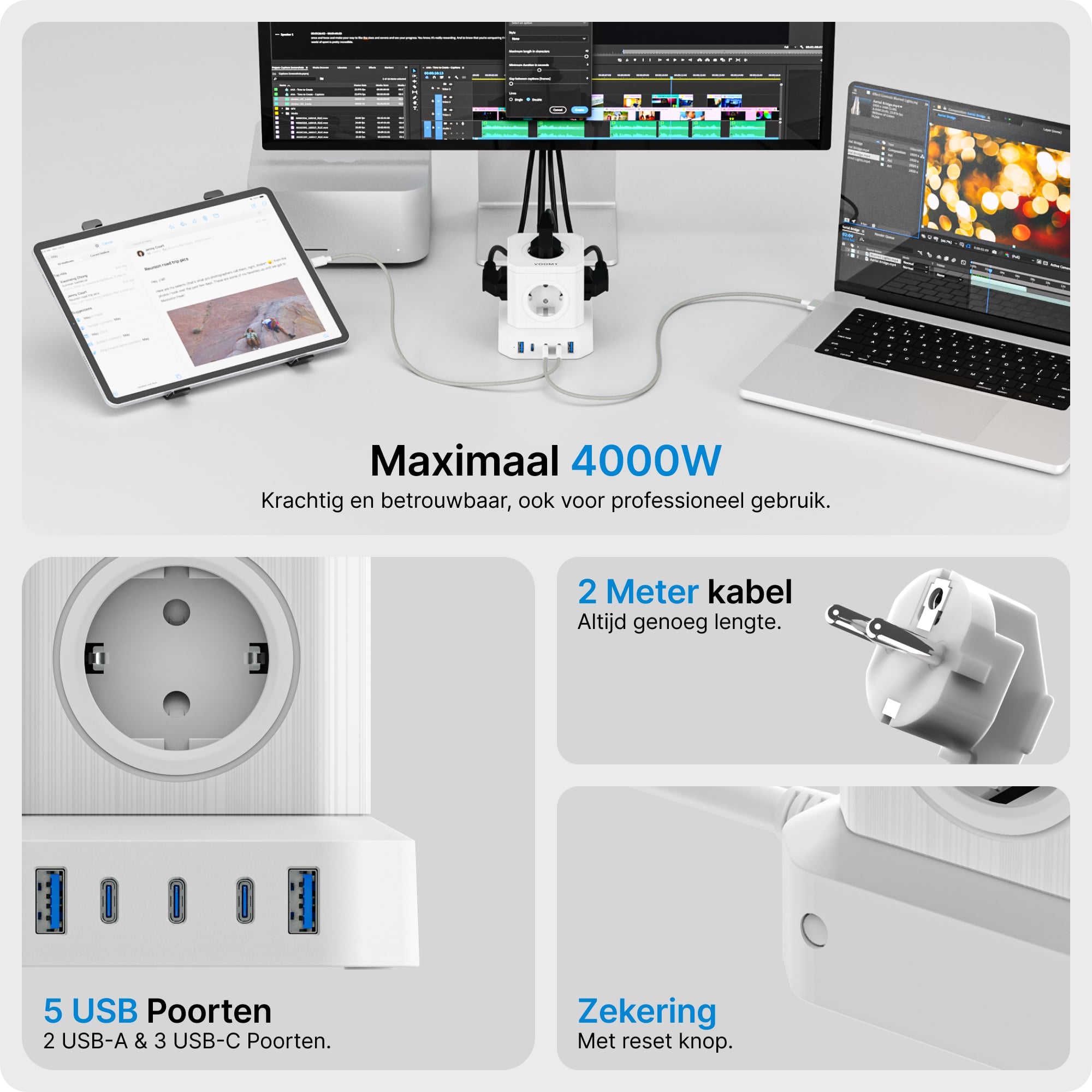 Voomy Power S65 - 65W Stekkerdoos 3 USB-C & 2 USB-A 4000W Wit