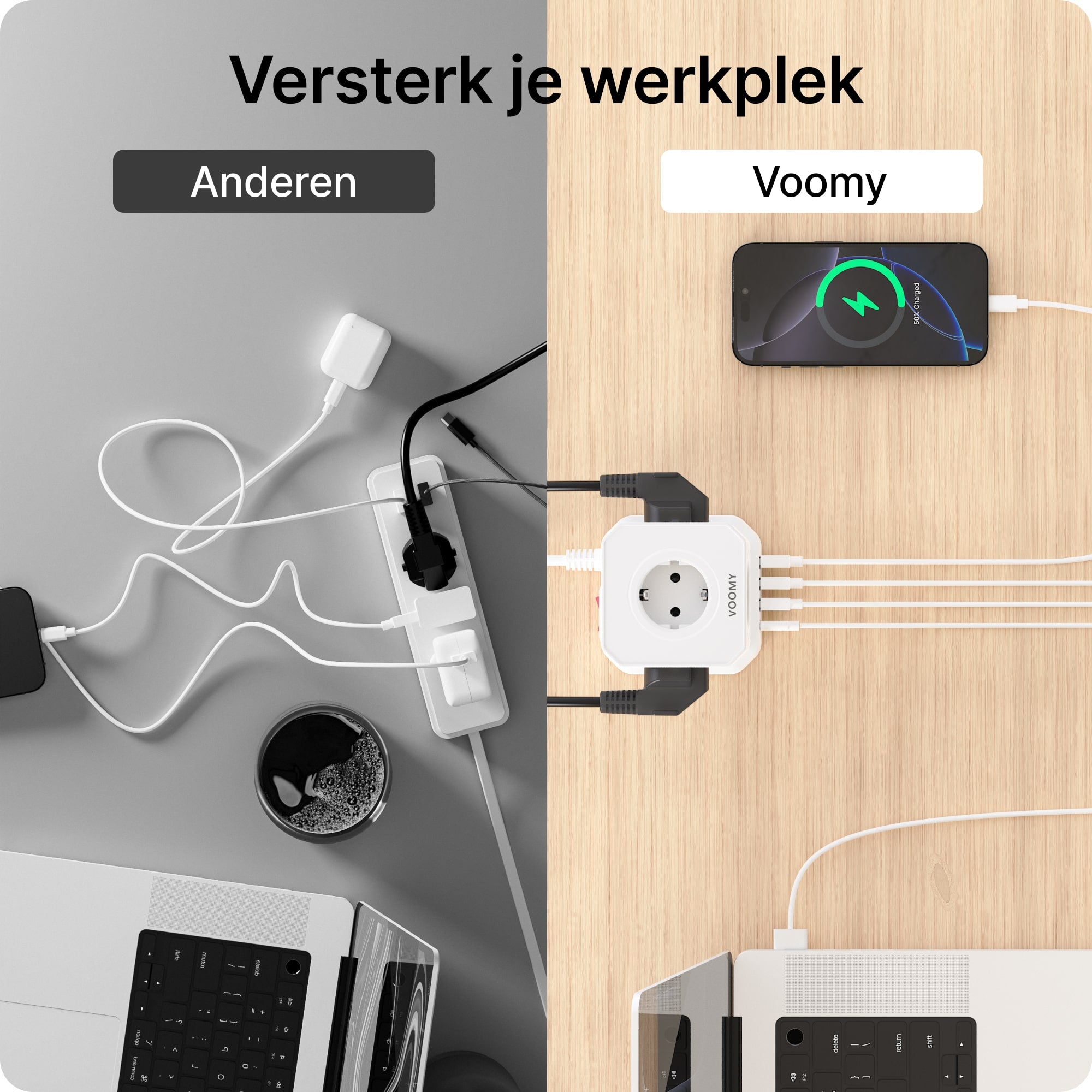 Voomy Power Cube S6 - Stekkerdoos - 5 Meter - 1 USB-C & 3 USB-A 4000W Wit