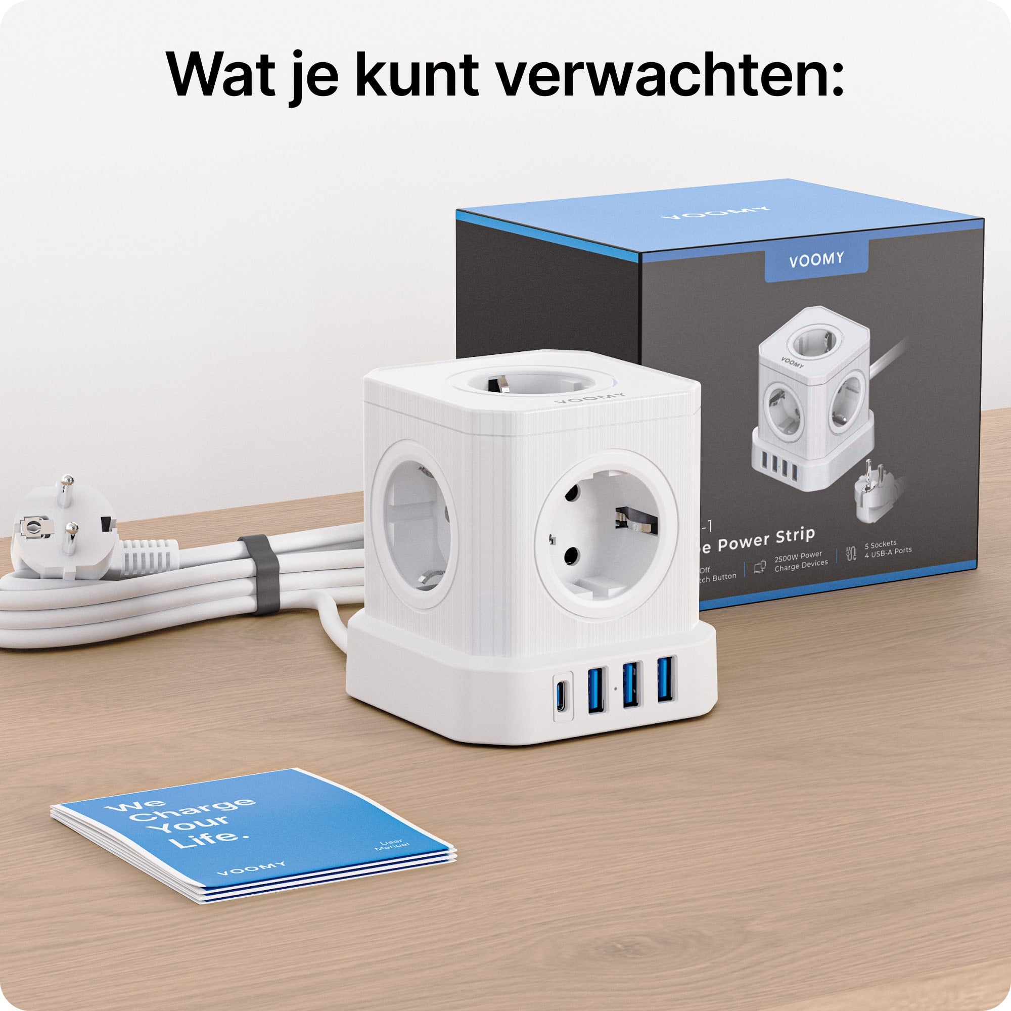 Voomy Power Cube S6 - Stekkerdoos - 5 Meter - 1 USB-C & 3 USB-A 4000W Wit