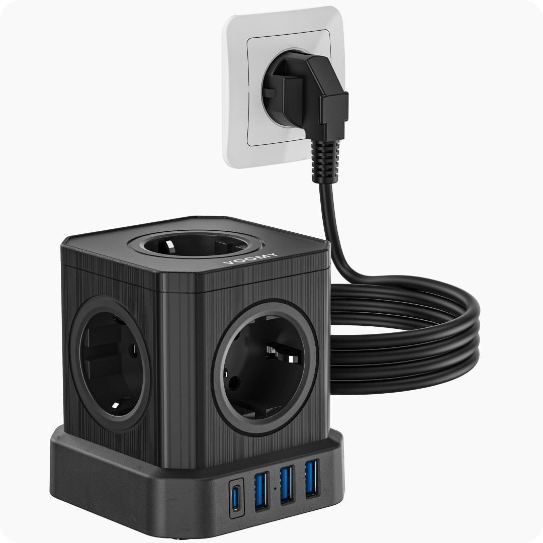 Voomy Power Cube S6 - Stekkerdoos - 5 Meter - 1 USB-C & 3 USB-A 4000W Zwart