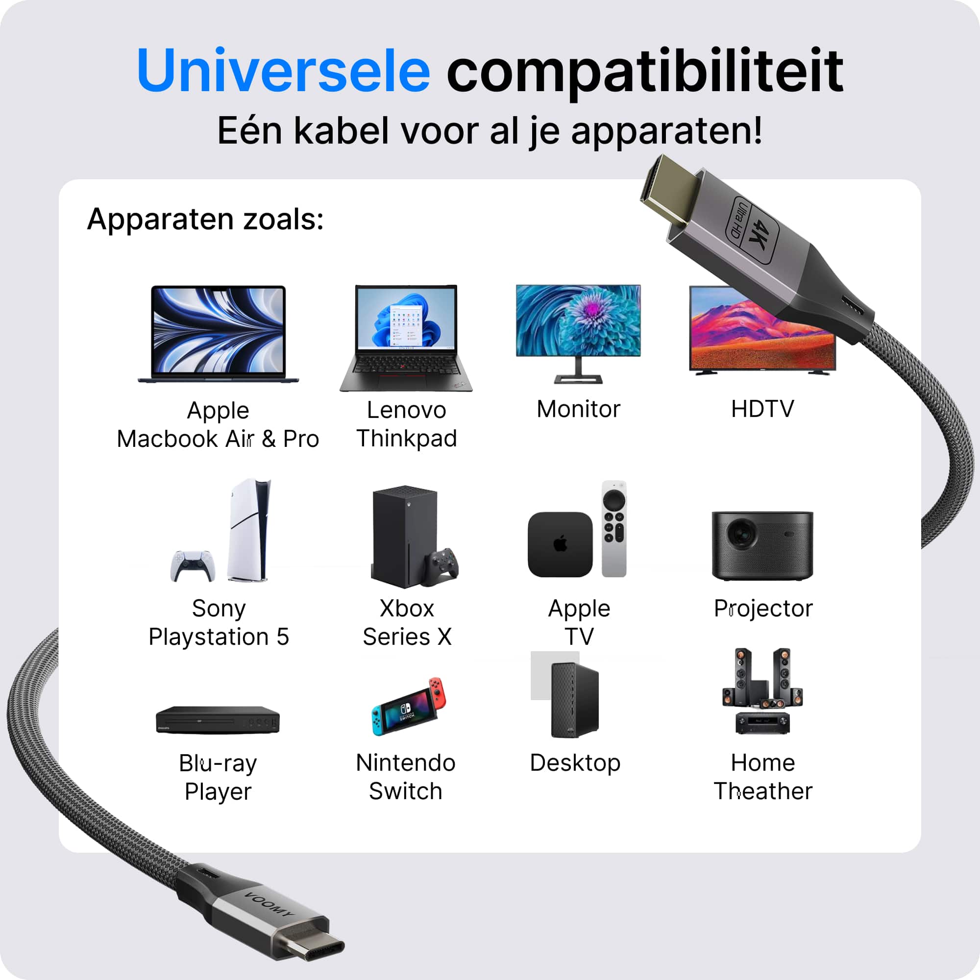 Voomy Connect C4 - USB C naar HDMI Kabel - 4k 60hz Ultra HD - 2 Meter