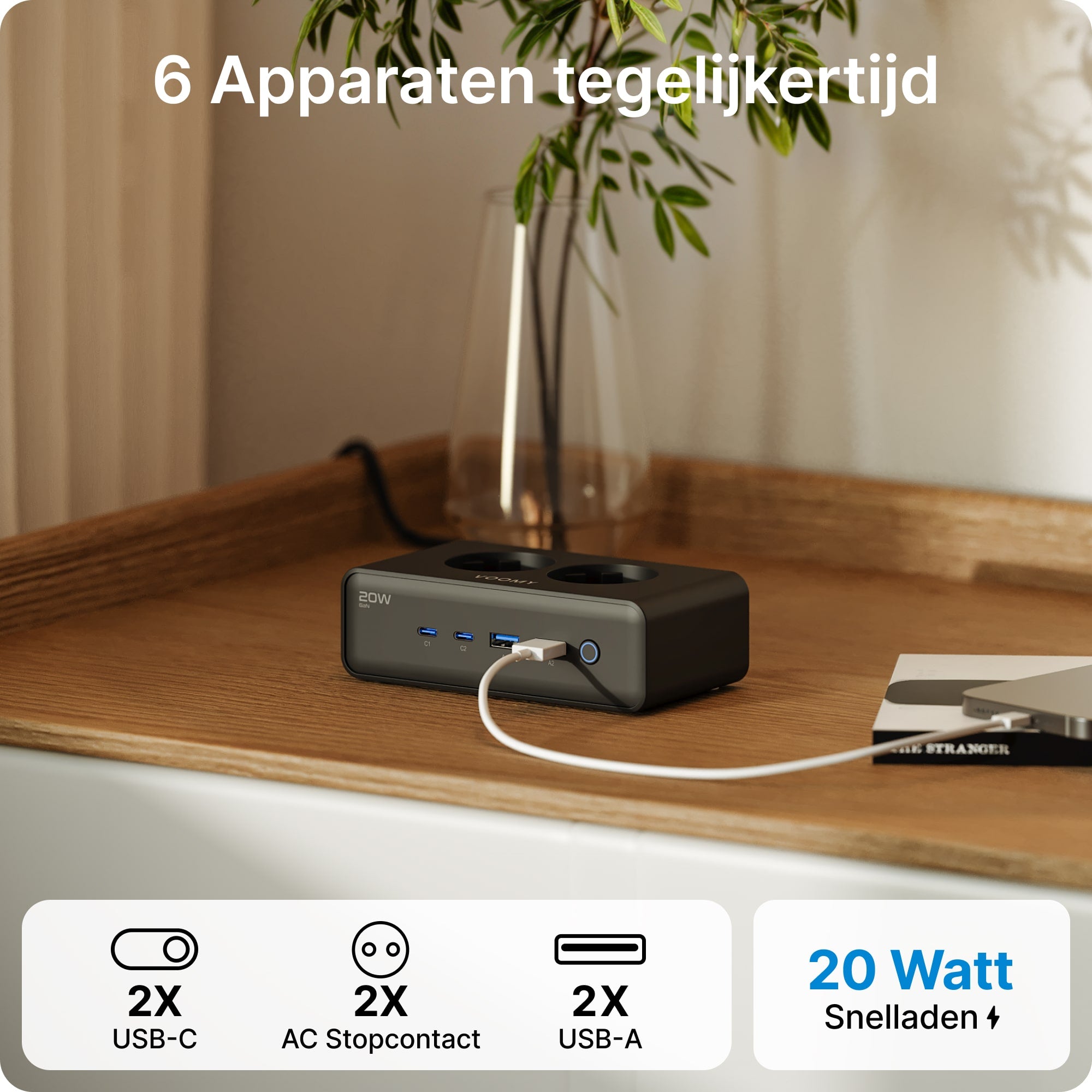 Voomy Power S20 - 20W Stekkerdoos 2 USB-C, 2 USB-A & 2 EU 4000W - Zwart