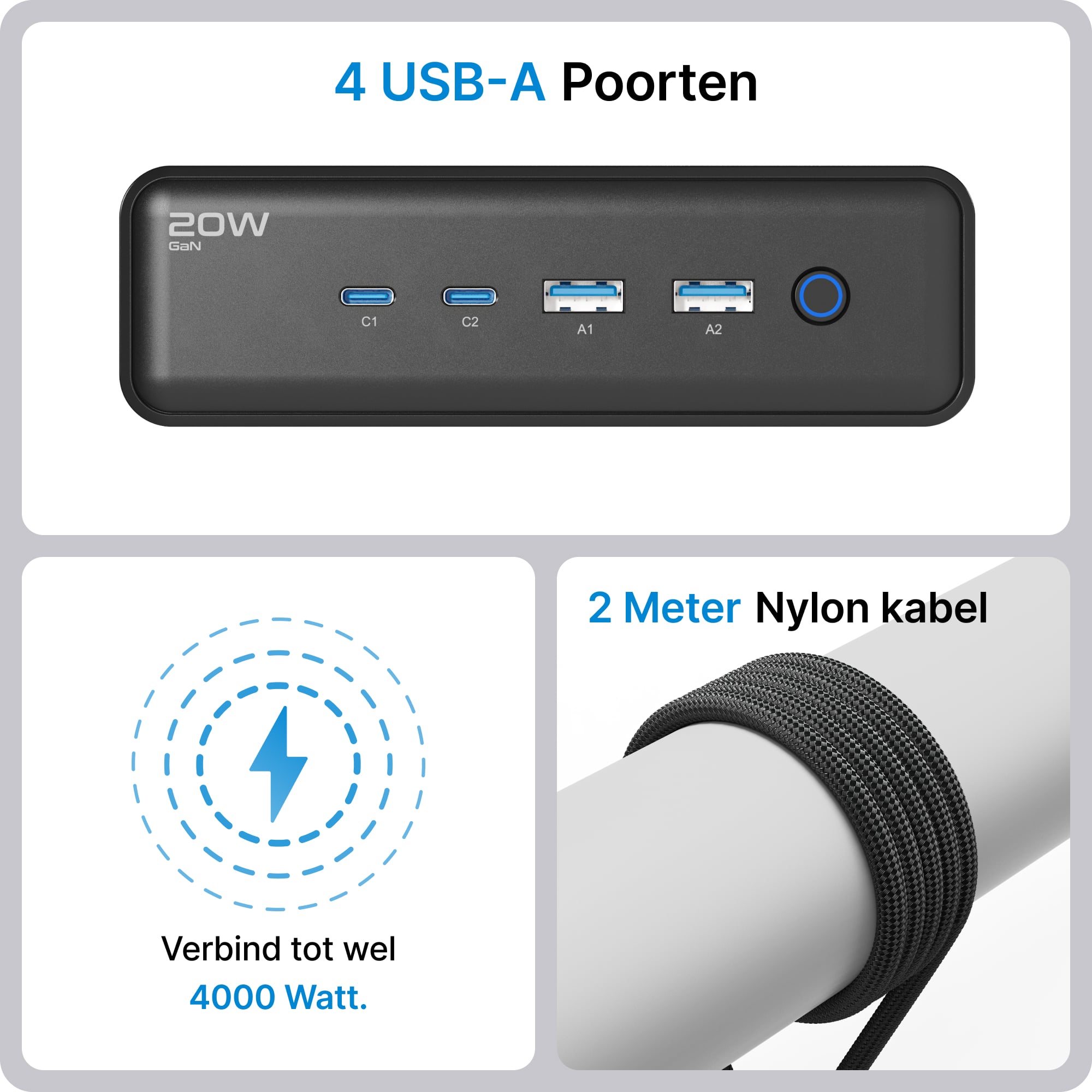 Voomy Power S20 - 20W Stekkerdoos 2 USB-C, 2 USB-A & 2 EU 4000W - Zwart