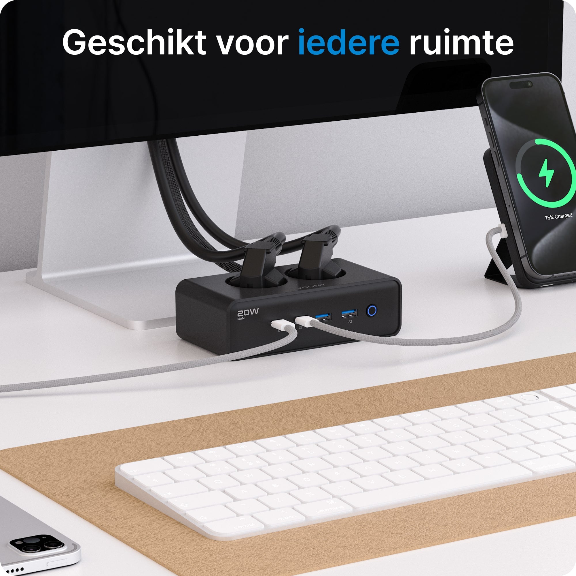 Voomy Power S20 - 20W Stekkerdoos 2 USB-C, 2 USB-A & 2 EU 4000W - Zwart