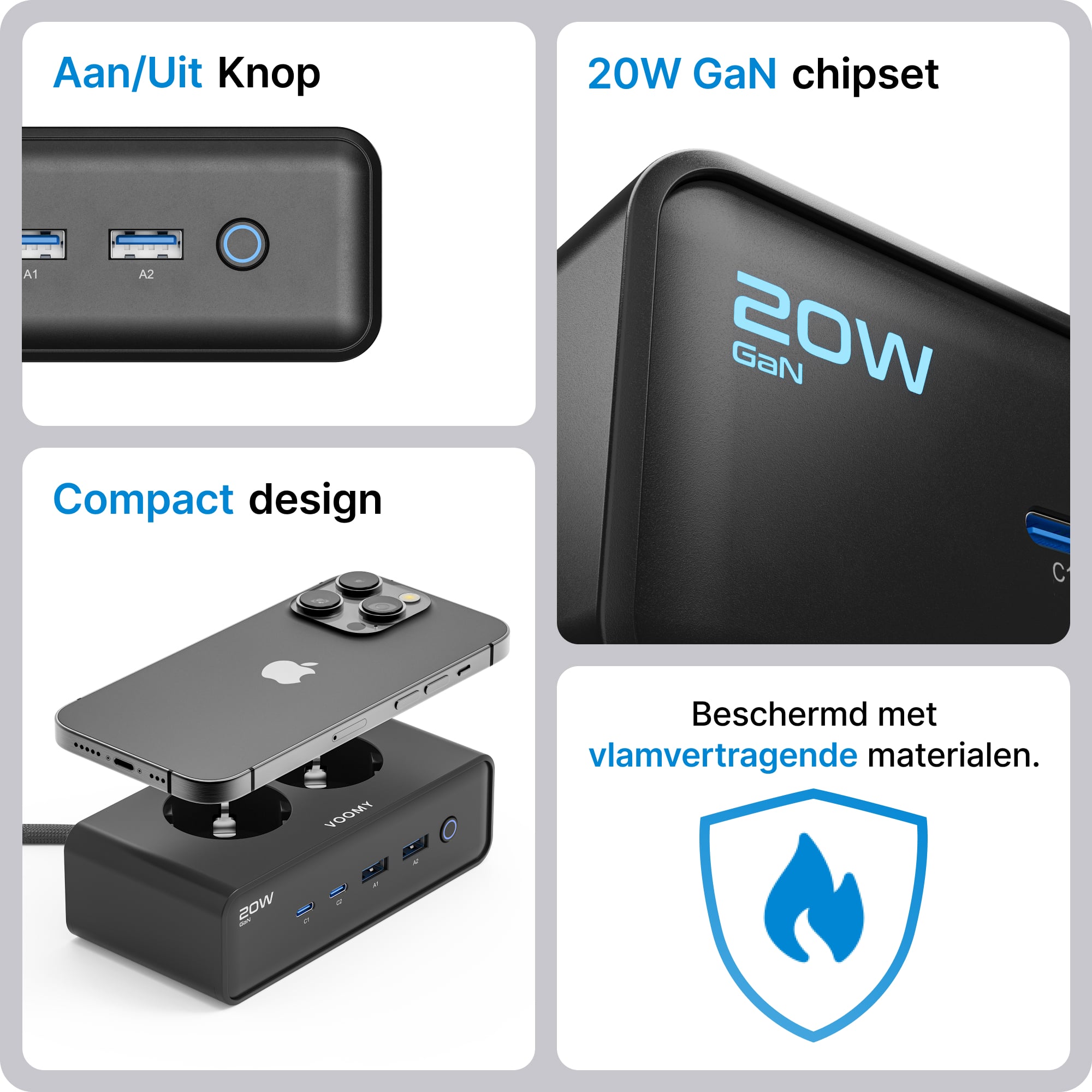 Voomy Power S20 - 20W Stekkerdoos 2 USB-C, 2 USB-A & 2 EU 4000W - Zwart