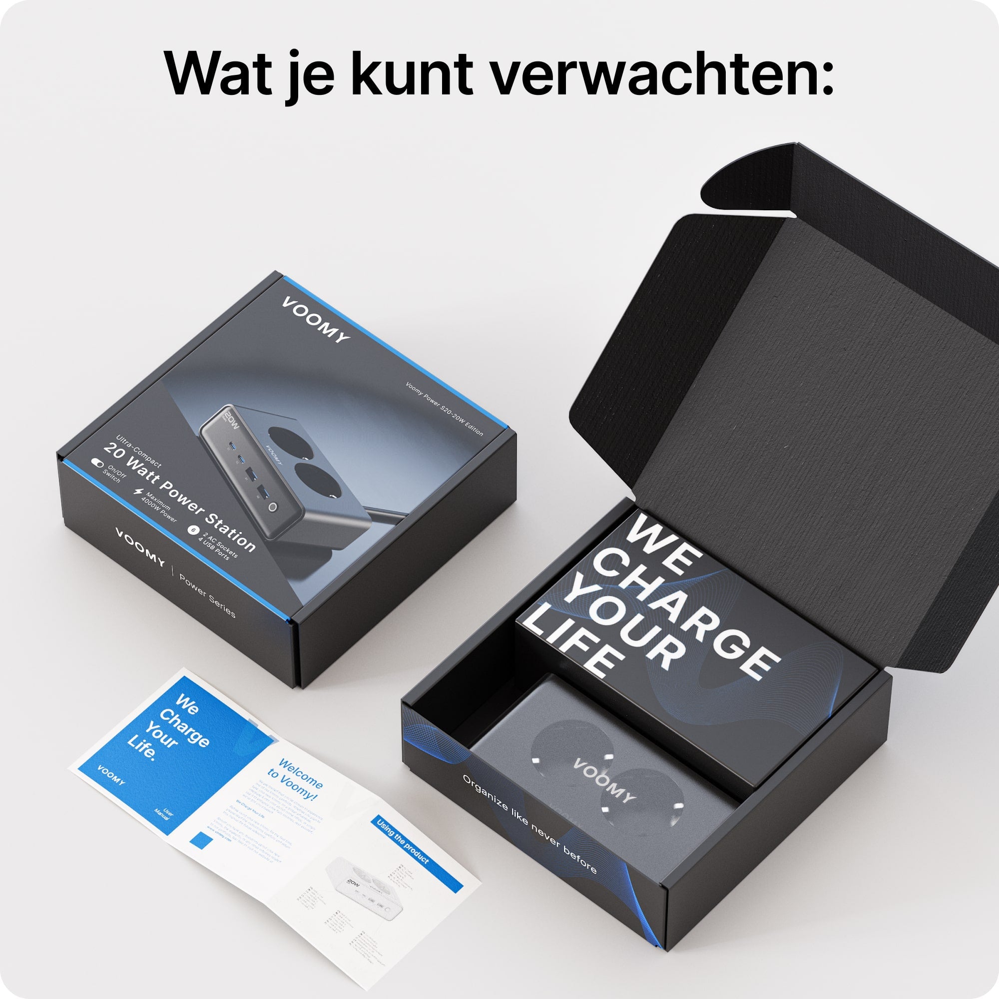 Voomy Power S20 - 20W Stekkerdoos 2 USB-C, 2 USB-A & 2 EU 4000W - Zwart