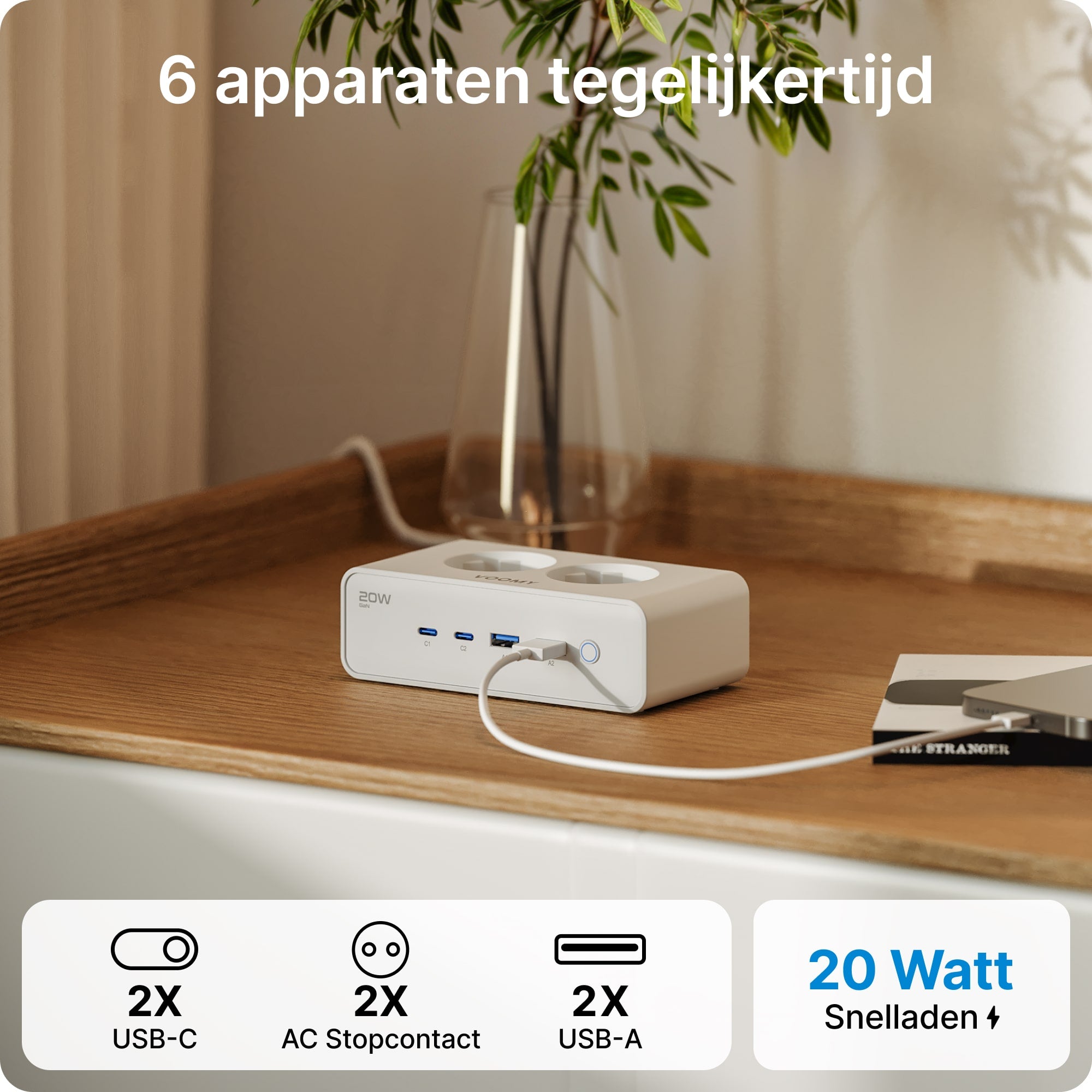 Voomy Power S20 - 20W Stekkerdoos 2 USB-C, 2 USB-A & 2 EU 4000W - Wit