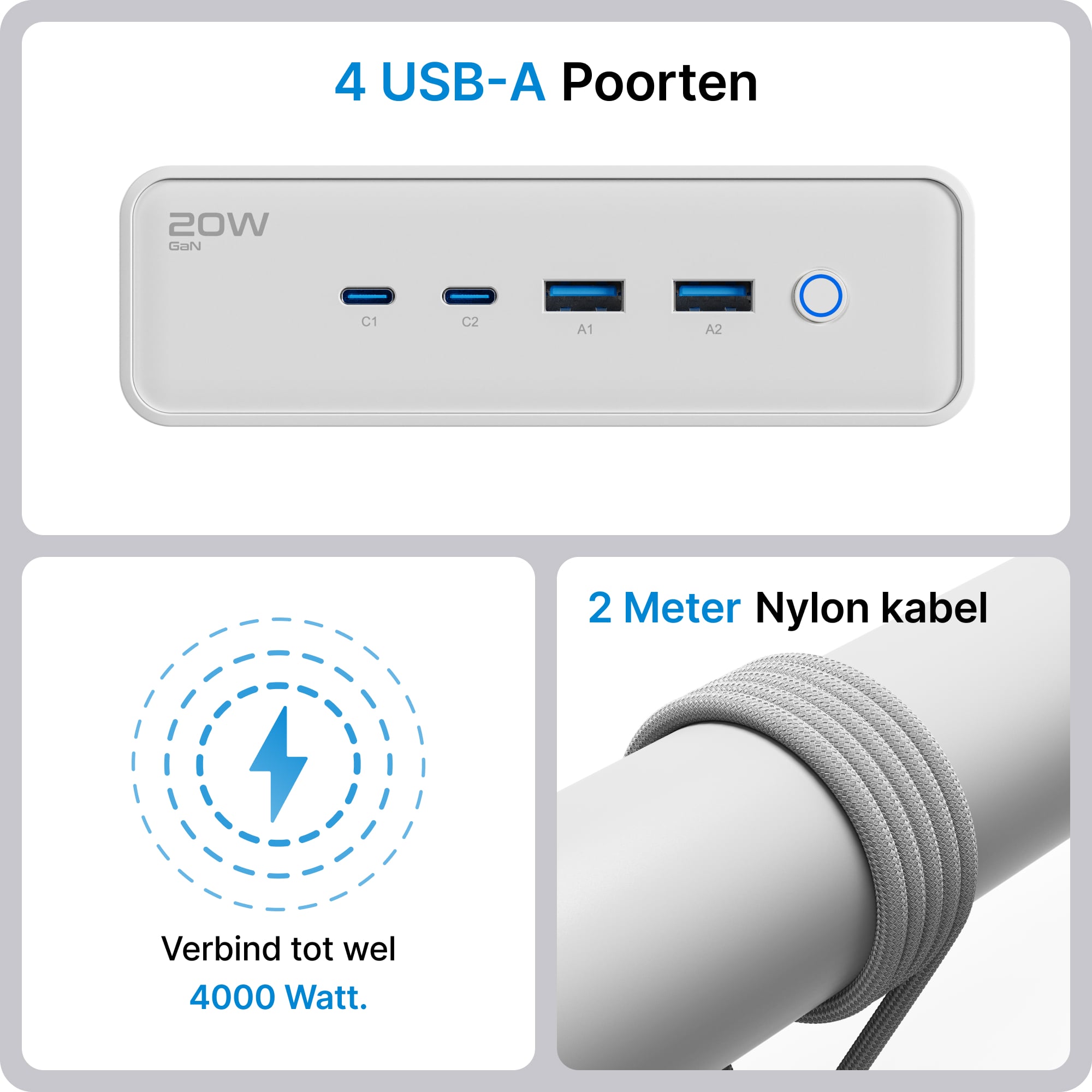 Voomy Power S20 - 20W Stekkerdoos 2 USB-C, 2 USB-A & 2 EU 4000W - Wit