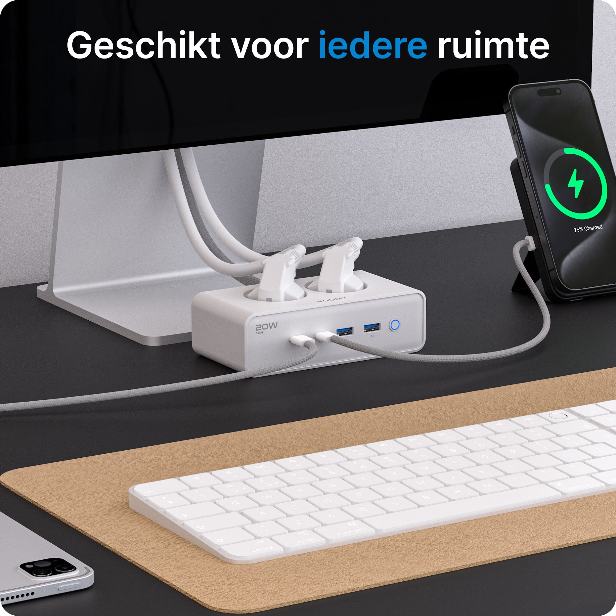 Voomy Power S20 - 20W Stekkerdoos 2 USB-C, 2 USB-A & 2 EU 4000W - Wit