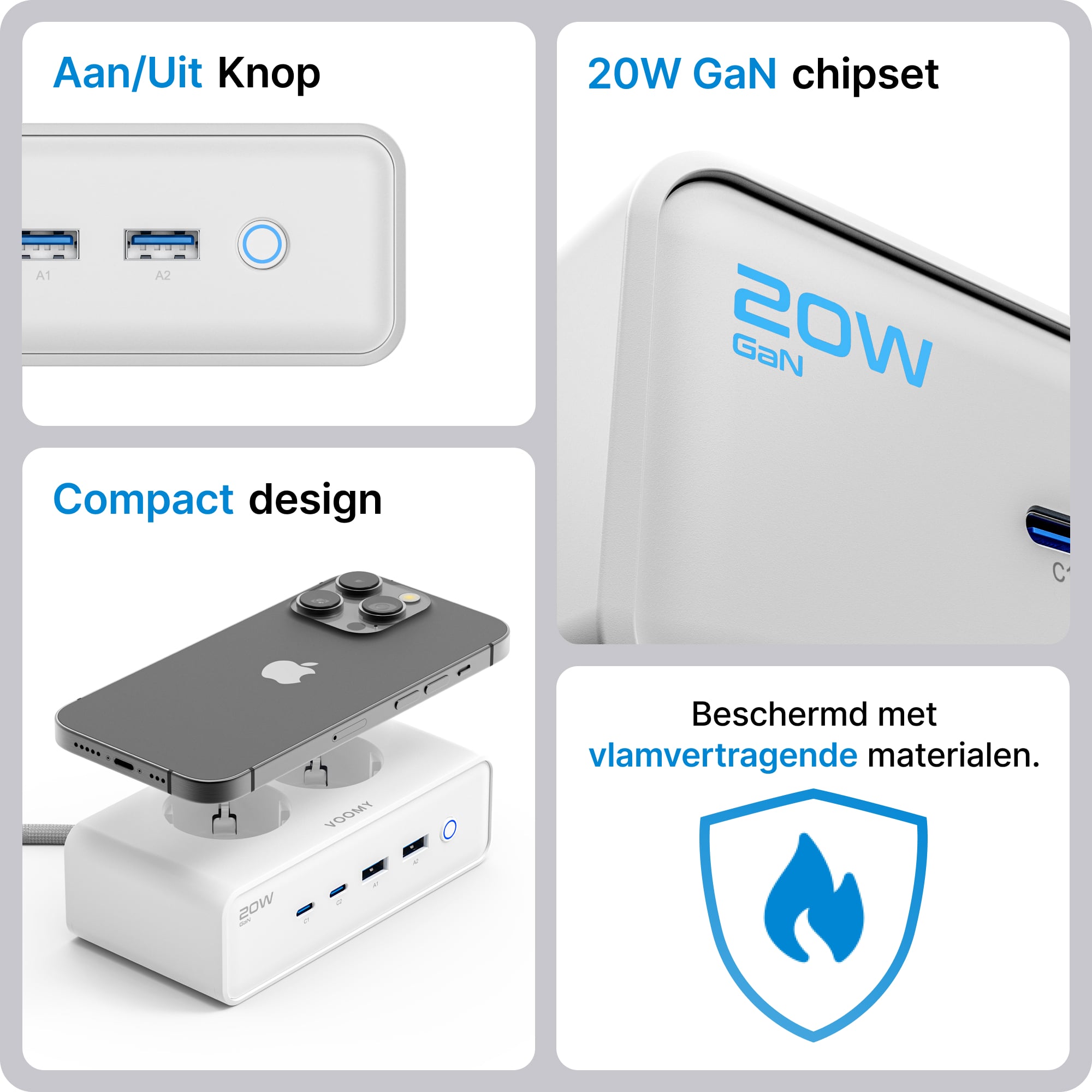 Voomy Power S20 - 20W Stekkerdoos 2 USB-C, 2 USB-A & 2 EU 4000W - Wit
