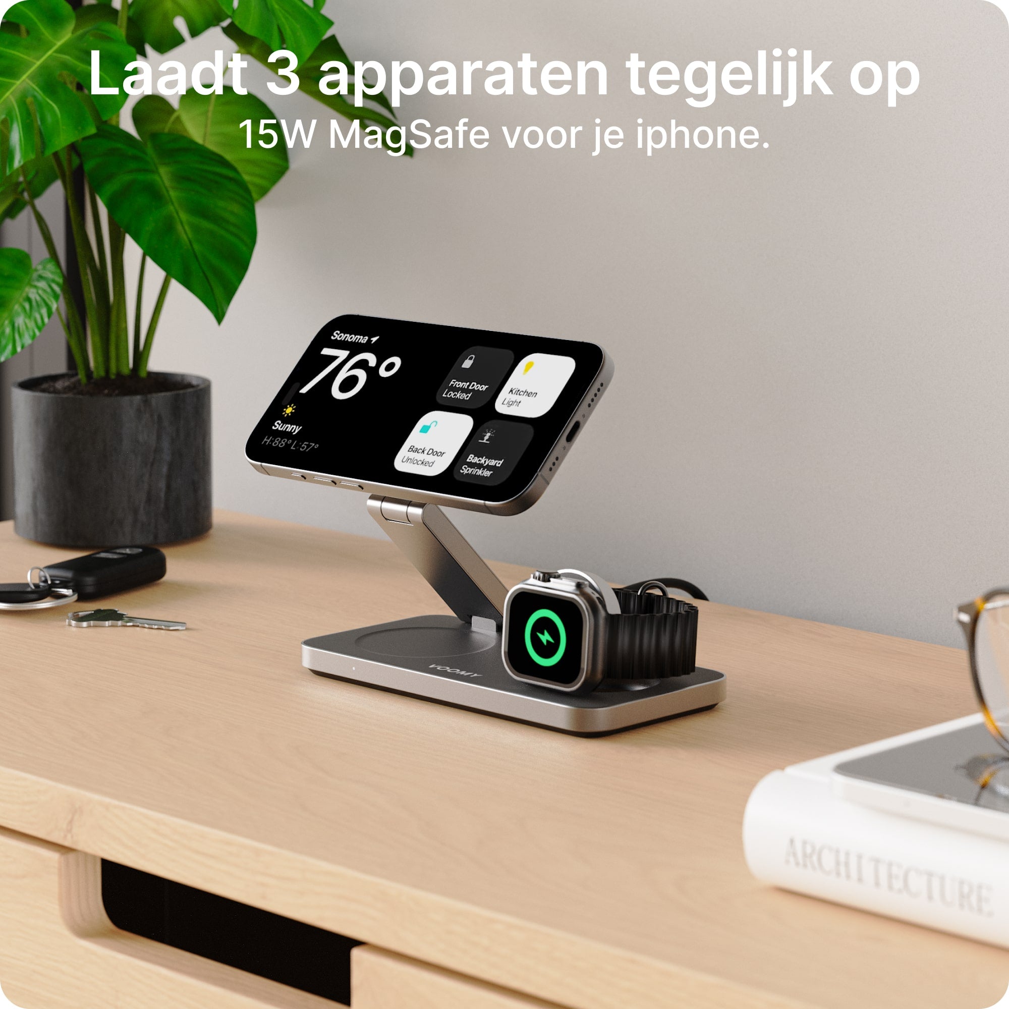 Voomy Wireless W3 – 3-in-1 Draadloze Oplader met 15W Snelladen - Premium Aluminium Design - Zwart