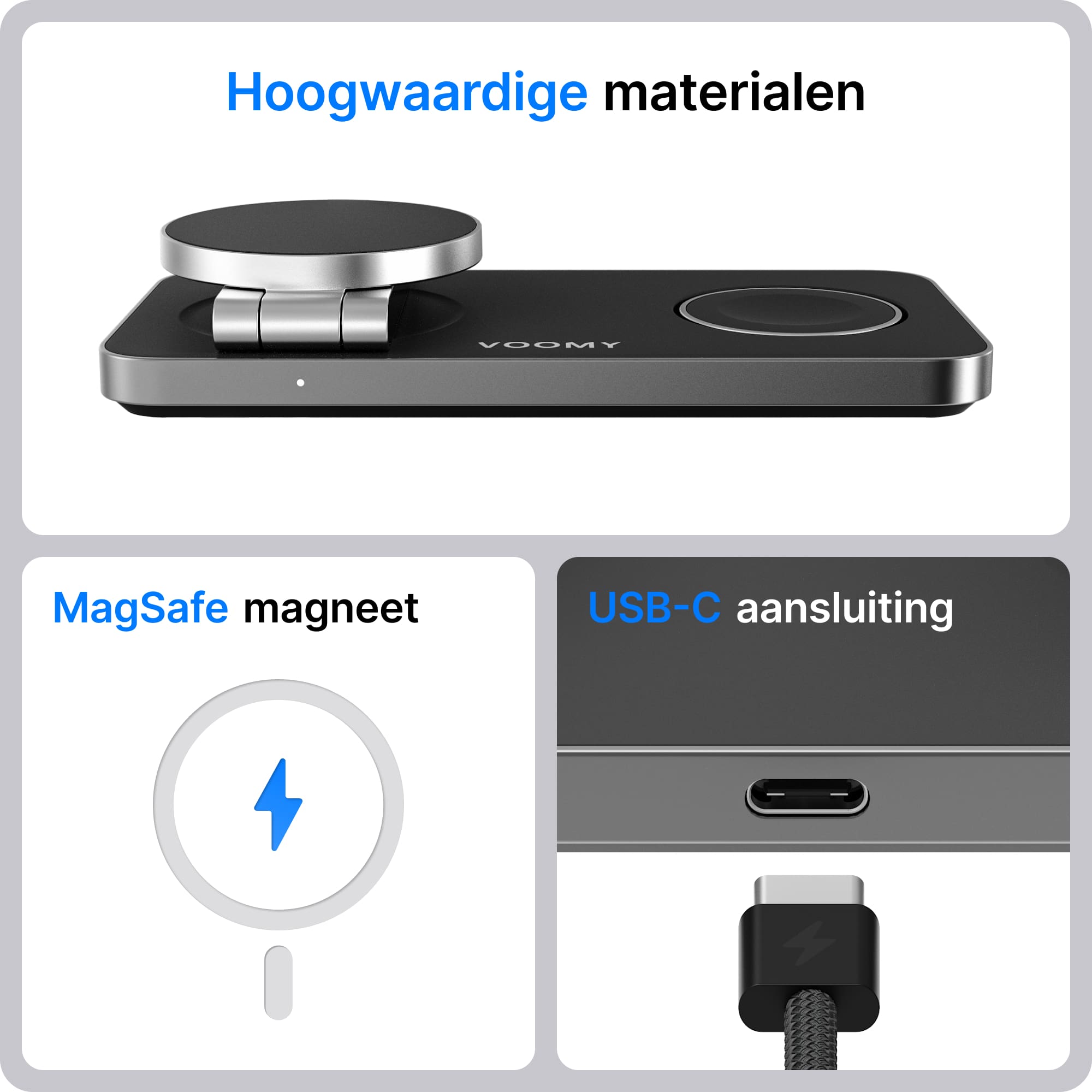 Voomy Wireless W3 – 3-in-1 Draadloze Oplader met 15W Snelladen - Premium Aluminium Design - Zwart