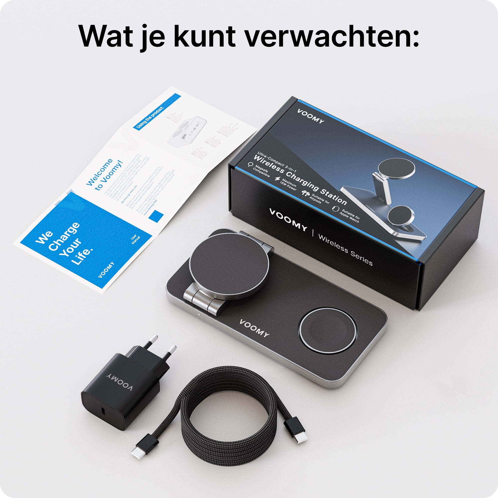 Voomy Wireless W3 – 3-in-1 Draadloze Oplader met 15W Snelladen - Premium Aluminium Design - Zwart