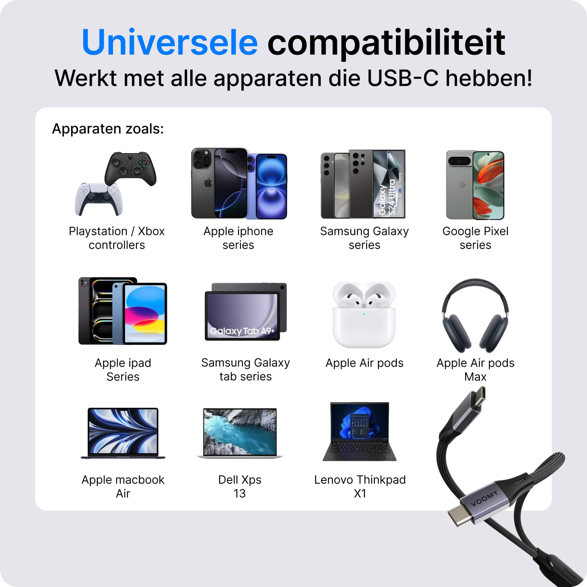 Voomy Connect C10 - 2-in-1 100W USB-C kabel - 1.2 Meter