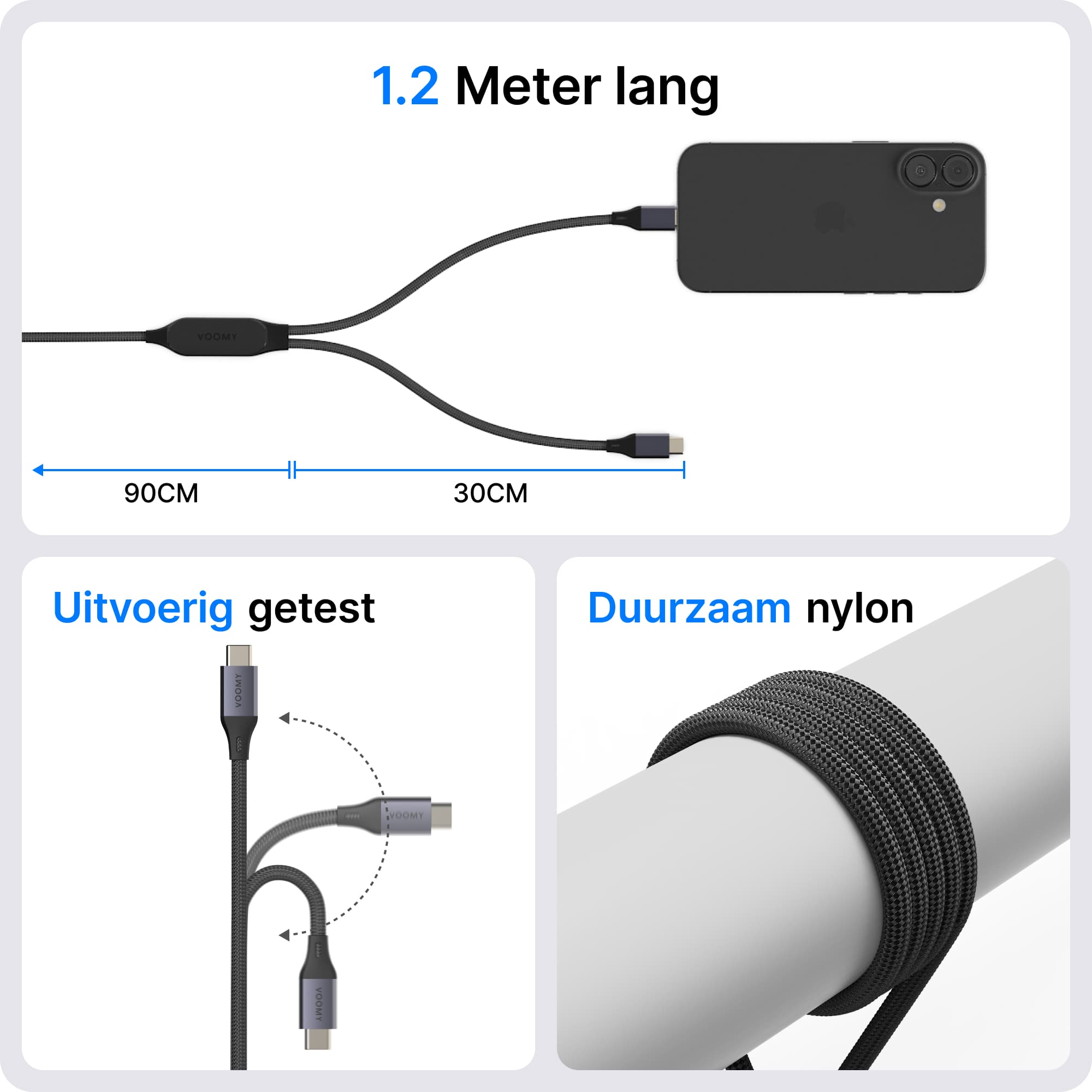 Voomy Connect C10 - 2-in-1 100W USB-C kabel - 1.2 Meter