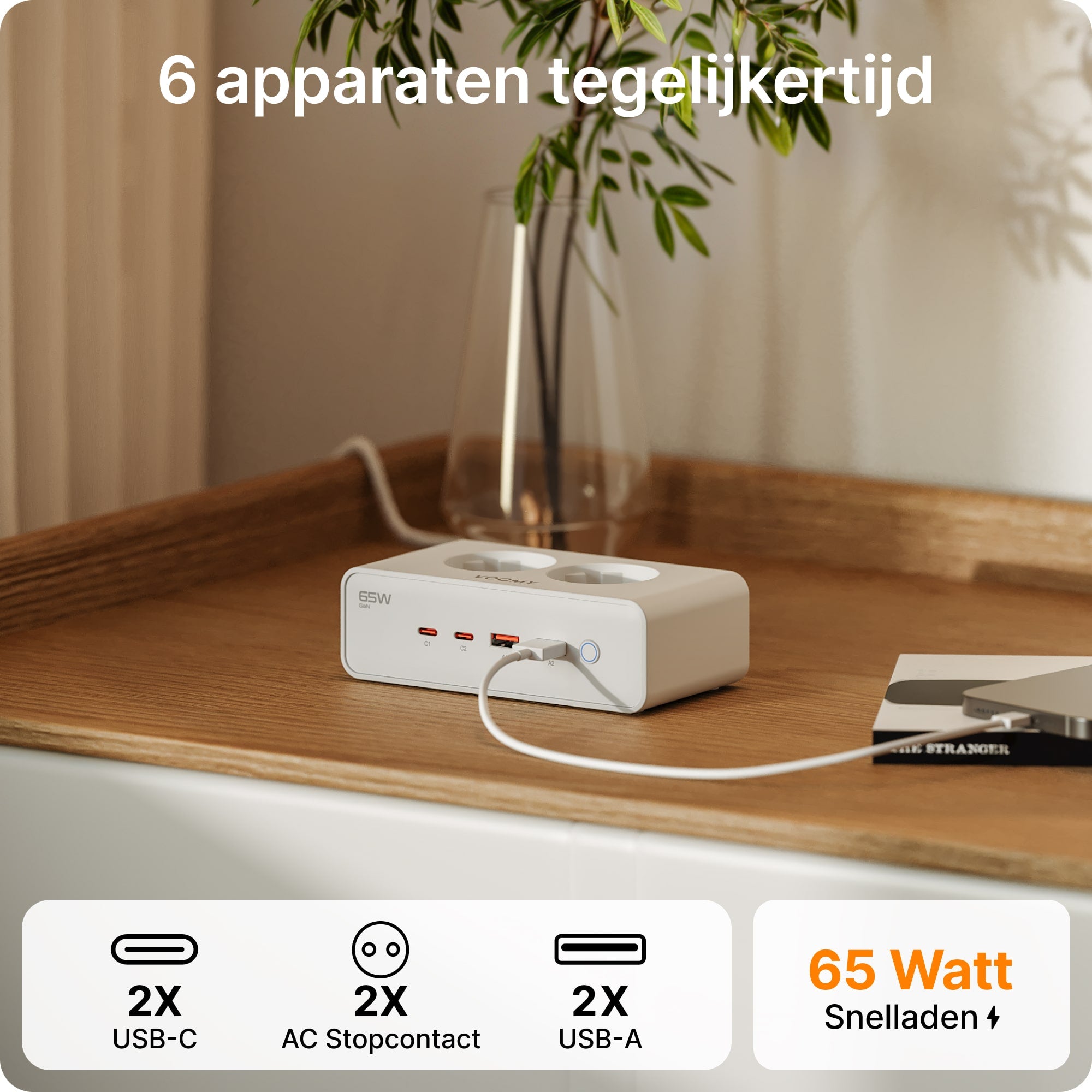 Voomy Power S20 - 65W Stekkerdoos 2 USB-C, 2 USB-A & 2 EU 4000W - Wit